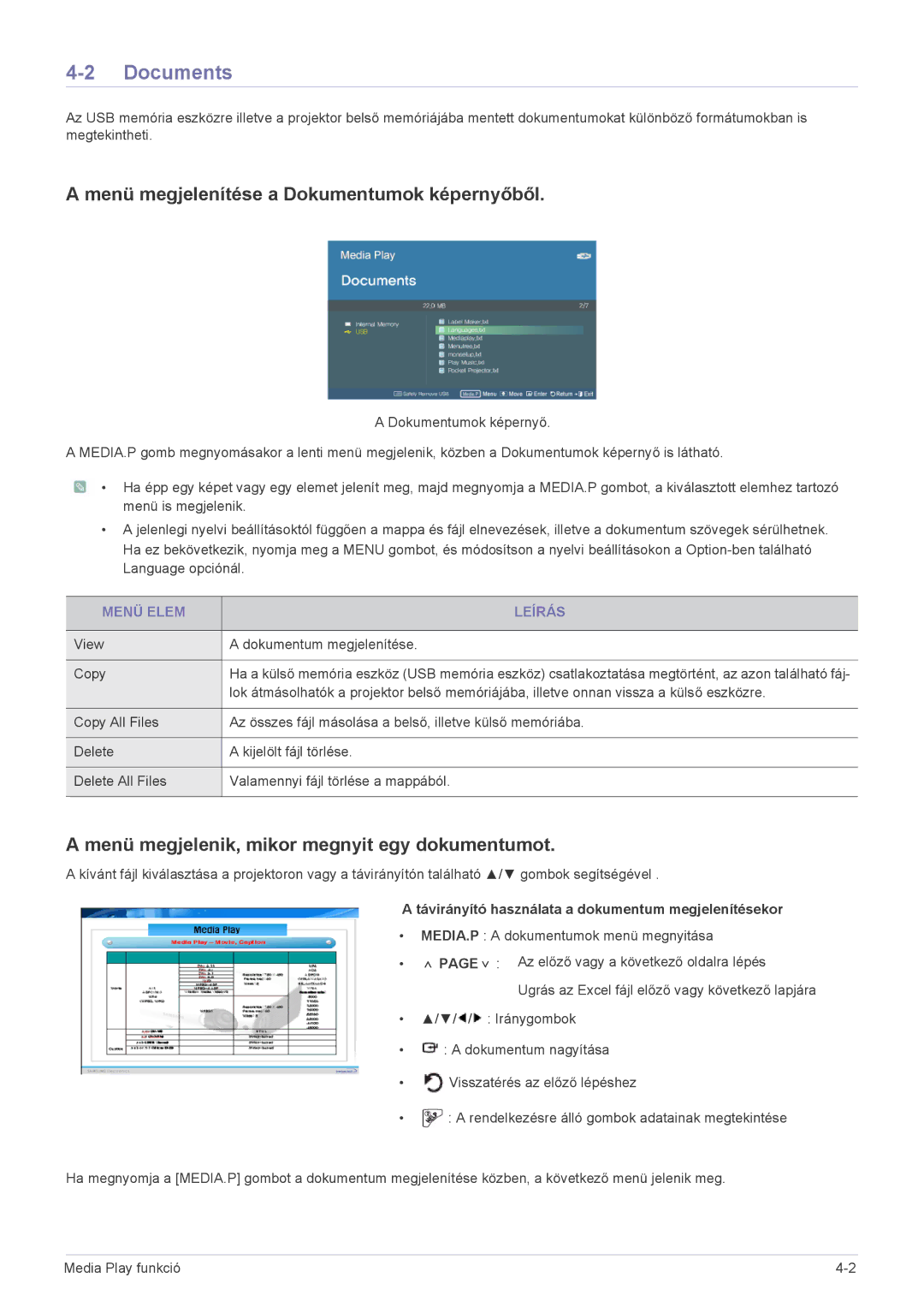 Samsung SP2053WWX/EN, SP2253WWX/EN manual Documents, Menü megjelenítése a Dokumentumok képernyőből, Menü Elem Leírás 