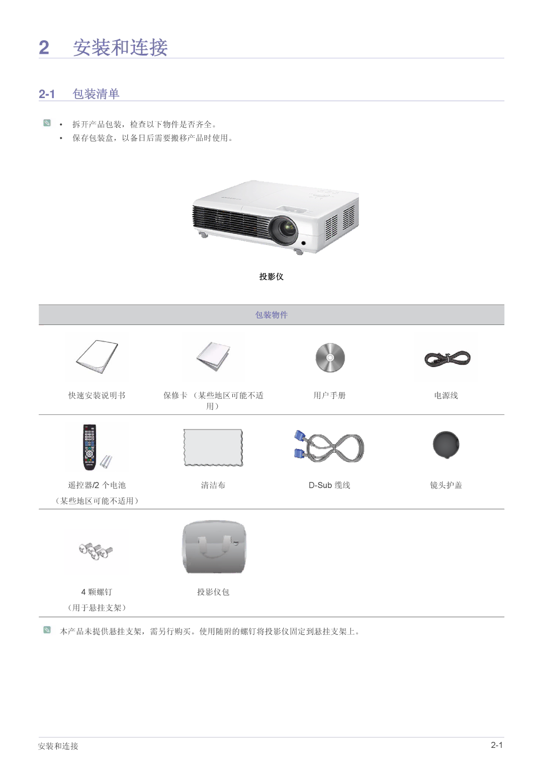 Samsung SP2253WWX/EN, SP2053WWX/EN manual 包装清单, 包装物件 