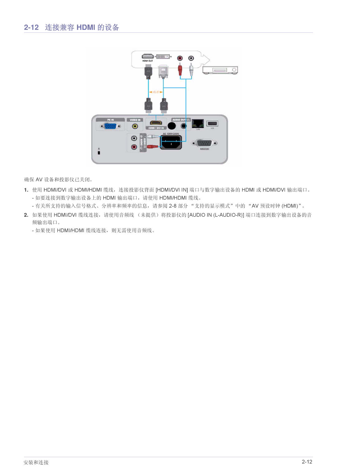 Samsung SP2253WWX/EN, SP2053WWX/EN manual 12 连接兼容 Hdmi 的设备, 确保 Av 设备和投影仪已关闭。 