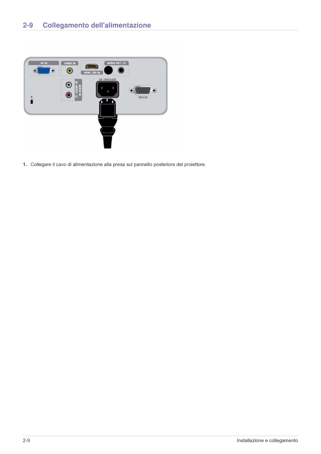 Samsung SP2503SWX/EN, SP2003SWX/EN manual Collegamento dellalimentazione 