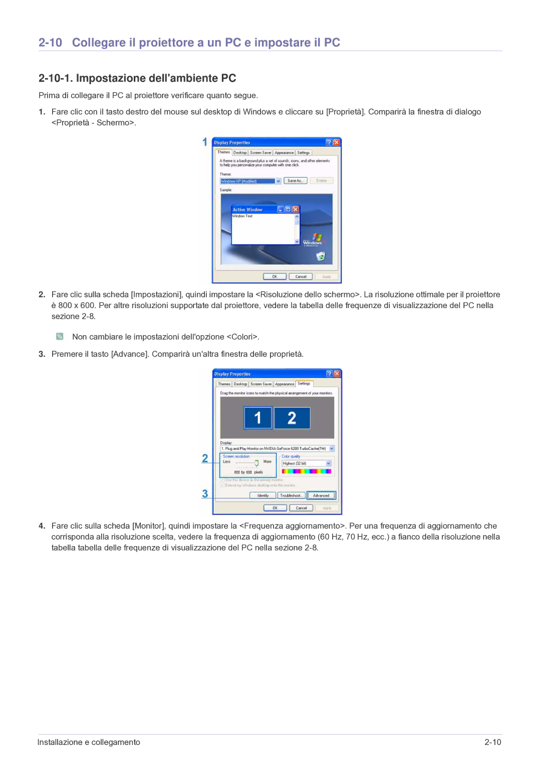 Samsung SP2003SWX/EN, SP2503SWX/EN manual Collegare il proiettore a un PC e impostare il PC, Impostazione dellambiente PC 