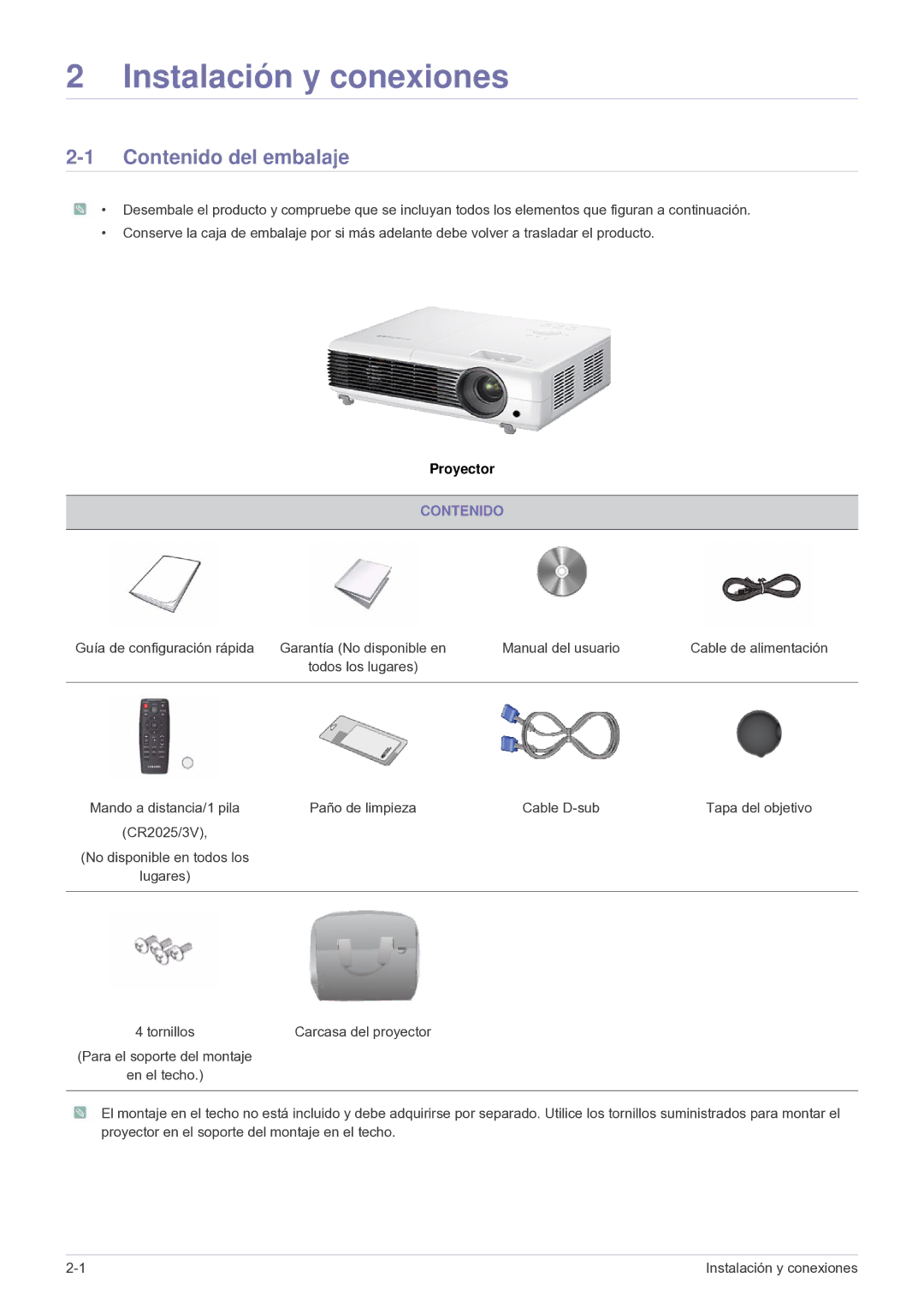 Samsung SP2503SWX/EN, SP2003SWX/EN manual Contenido del embalaje 