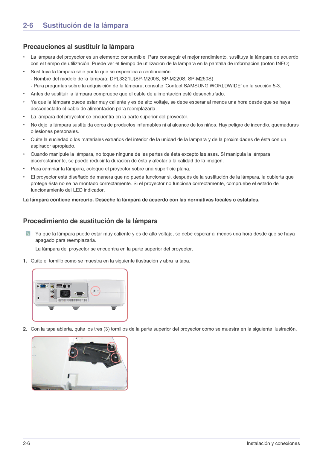 Samsung SP2503SWX/EN, SP2003SWX/EN manual Sustitución de la lámpara, Precauciones al sustituir la lámpara 