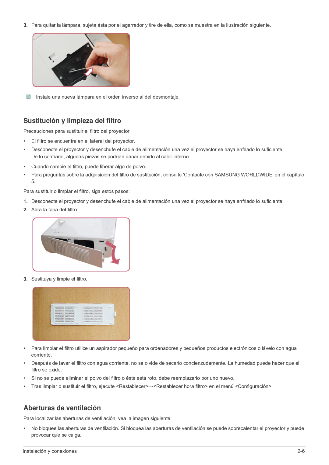 Samsung SP2003SWX/EN, SP2503SWX/EN manual Sustitución y limpieza del filtro, Aberturas de ventilación 