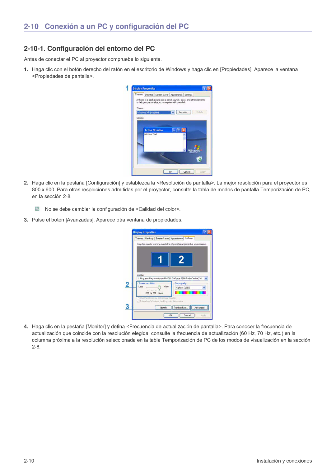 Samsung SP2503SWX/EN, SP2003SWX/EN manual Conexión a un PC y configuración del PC, Configuración del entorno del PC 