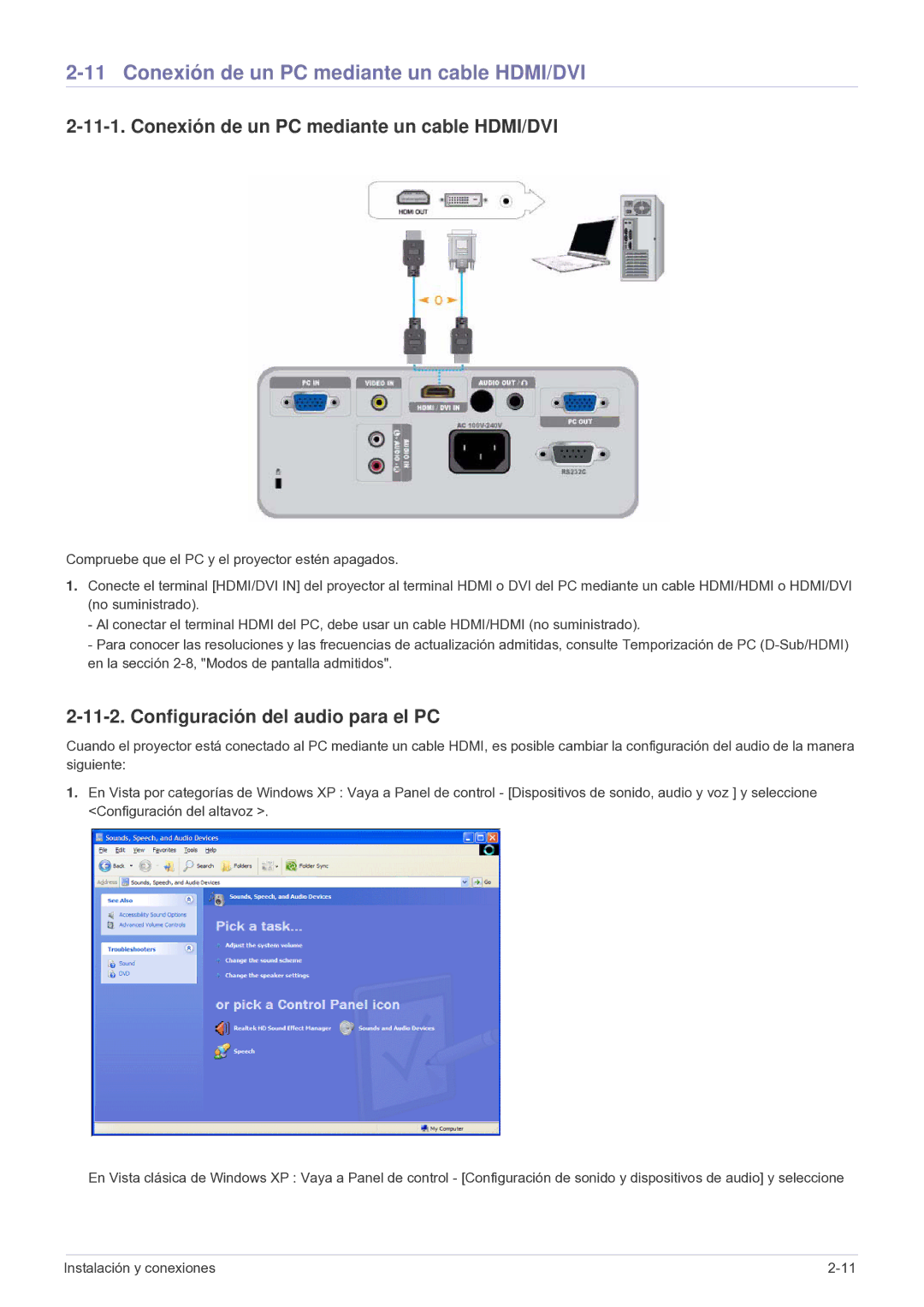 Samsung SP2003SWX/EN, SP2503SWX/EN manual Conexión de un PC mediante un cable HDMI/DVI, Configuración del audio para el PC 