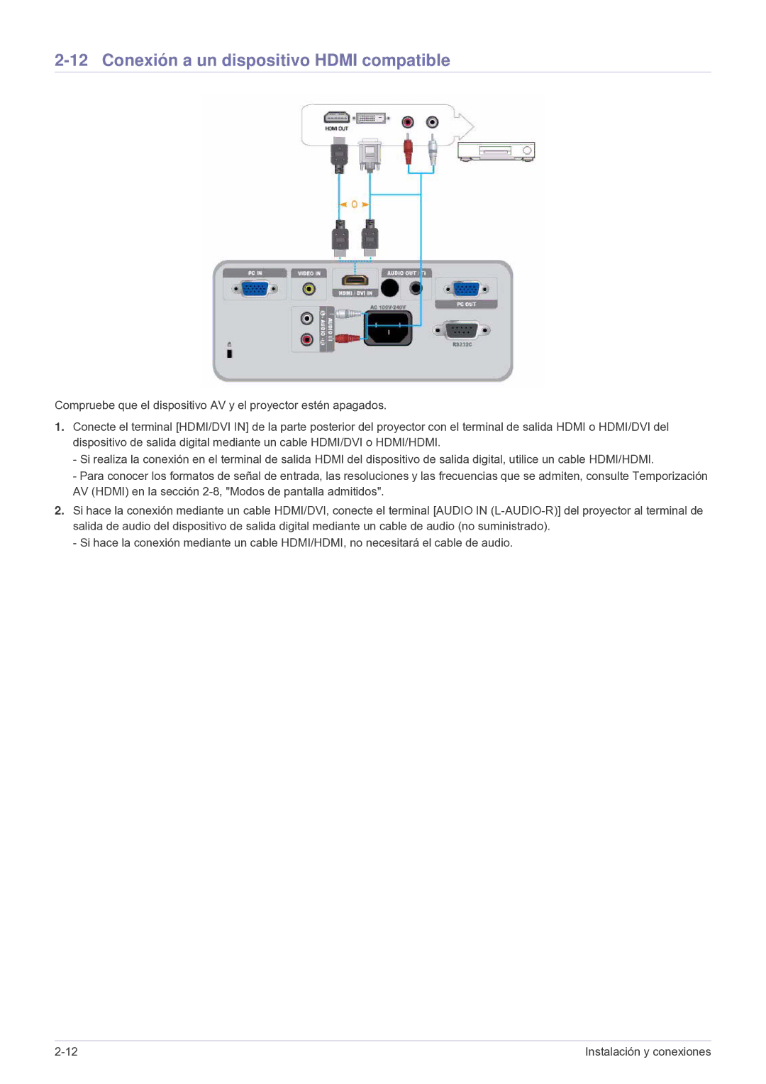 Samsung SP2003SWX/EN, SP2503SWX/EN manual Conexión a un dispositivo Hdmi compatible 