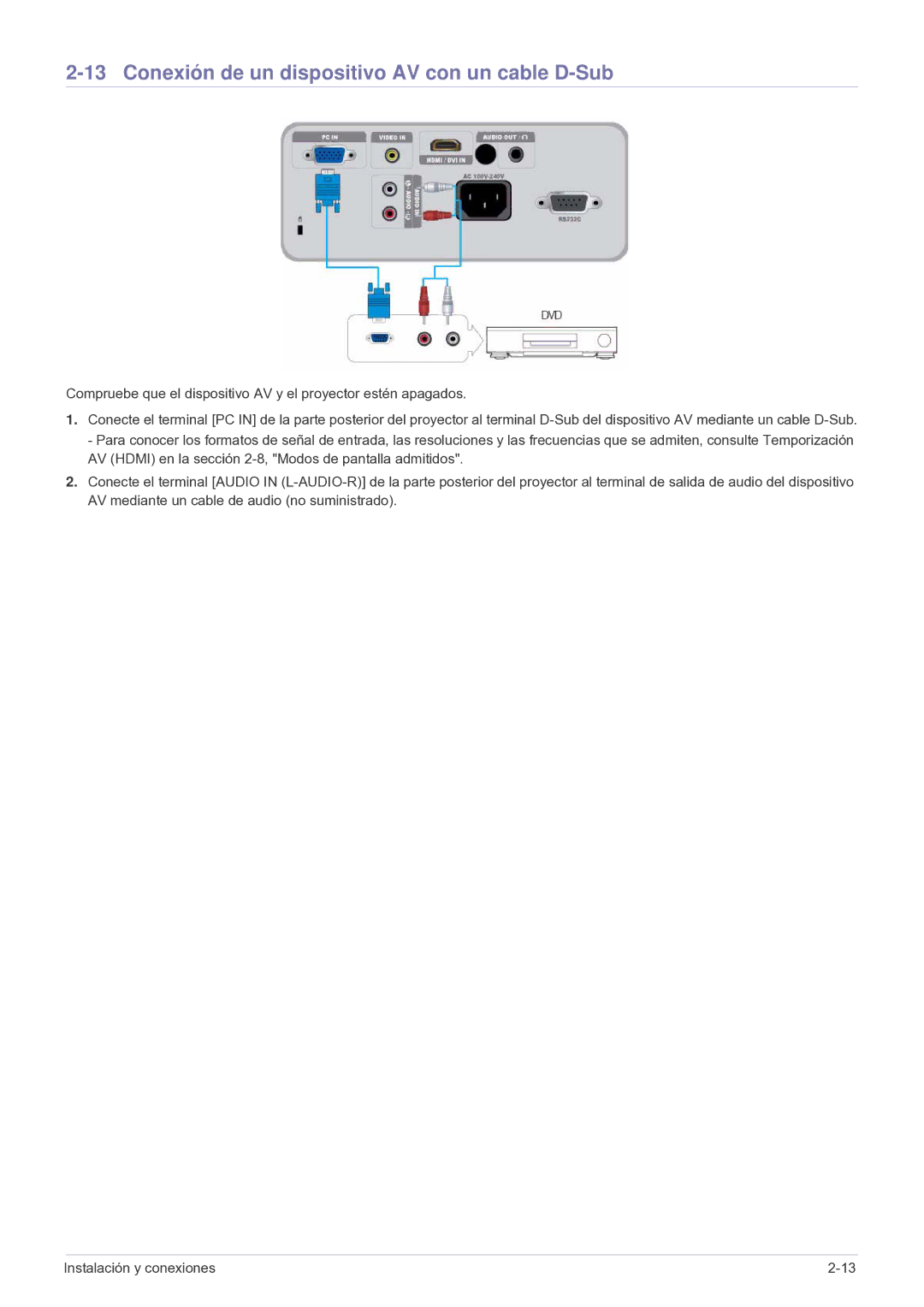 Samsung SP2503SWX/EN, SP2003SWX/EN manual Conexión de un dispositivo AV con un cable D-Sub 