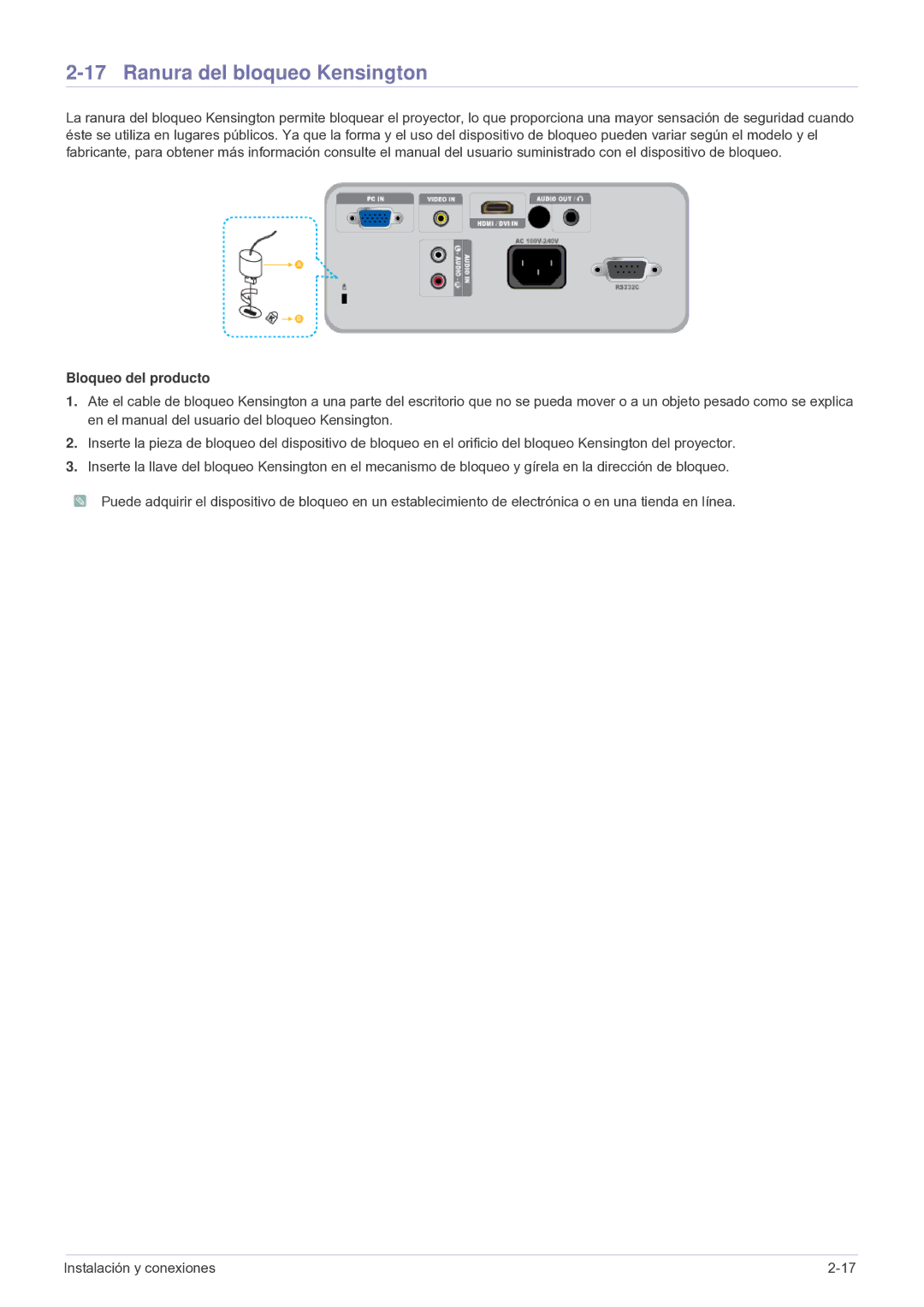 Samsung SP2503SWX/EN, SP2003SWX/EN manual Ranura del bloqueo Kensington, Bloqueo del producto 