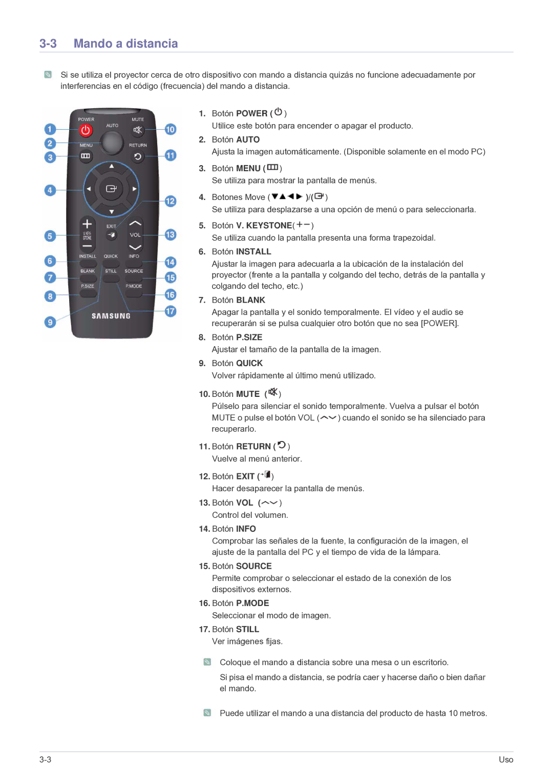 Samsung SP2003SWX/EN, SP2503SWX/EN manual Mando a distancia, Botón Install 