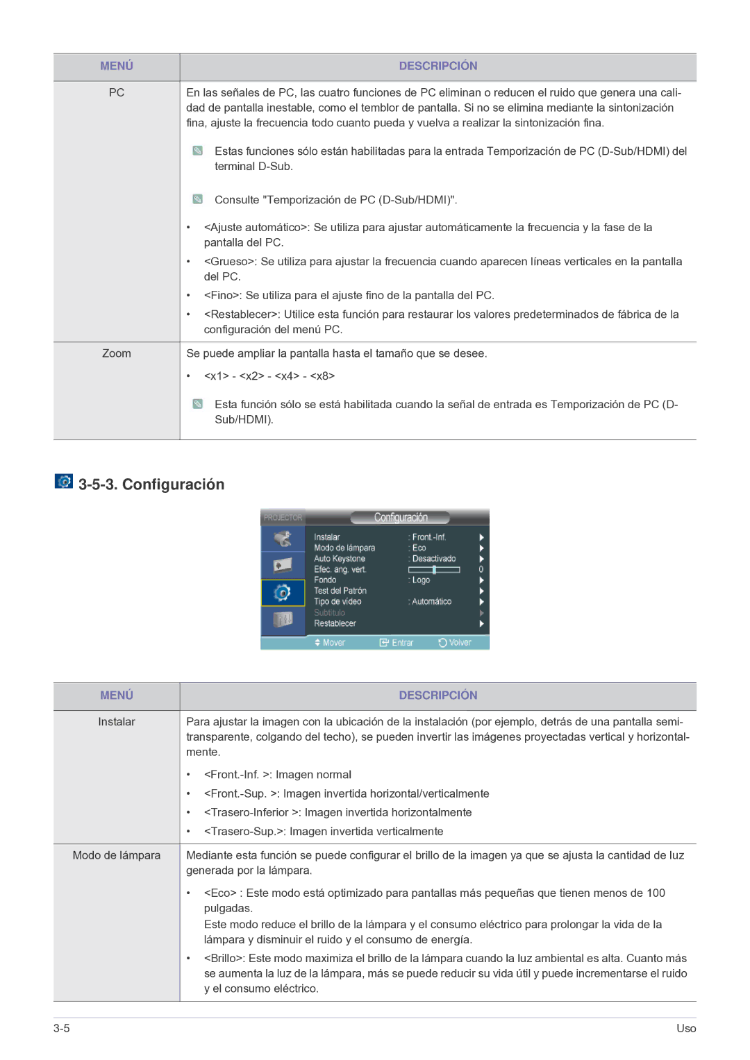 Samsung SP2503SWX/EN, SP2003SWX/EN manual Configuración, Trasero-Sup. Imagen invertida verticalmente 