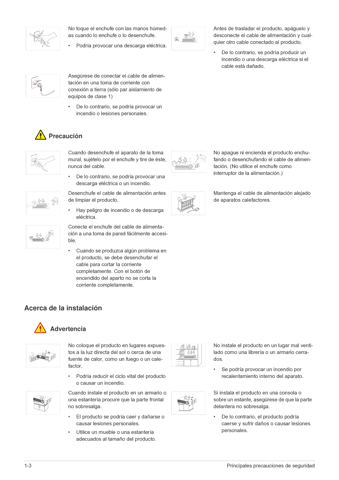 Samsung SP2503SWX/EN, SP2003SWX/EN manual Acerca de la instalación, Precaución 