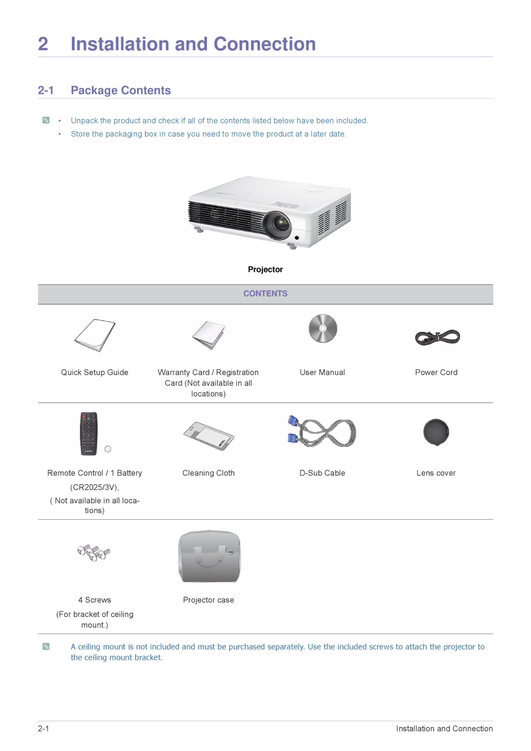 Samsung SP2003SWX/EN, SP2503SWX/EN, SP2203SWX/EN, SP2203SWX/XV manual Installation and Connection, Package Contents 