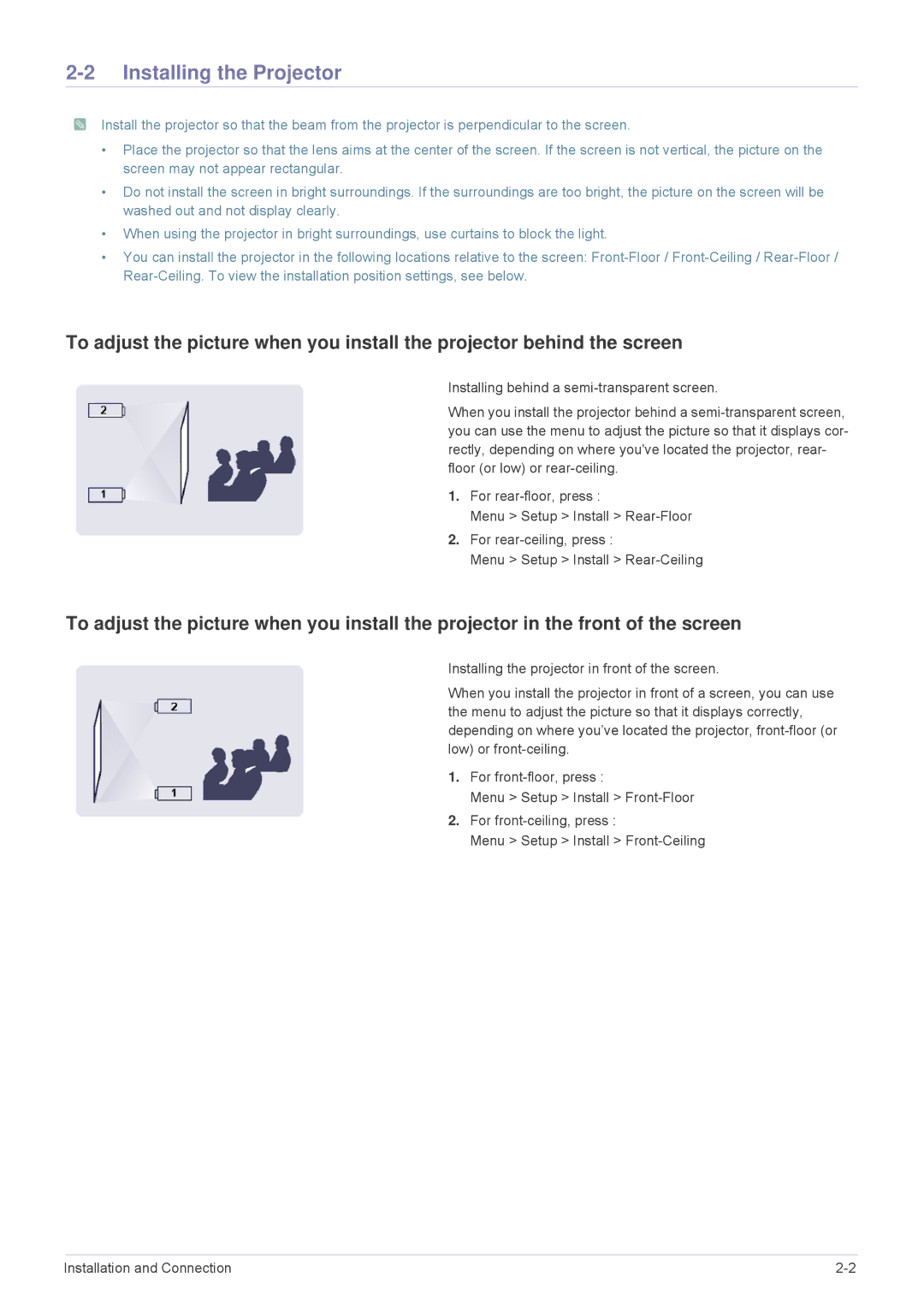 Samsung SP2203SWX/XV, SP2503SWX/EN, SP2203SWX/EN, SP2003SWX/EN manual Installing the Projector 