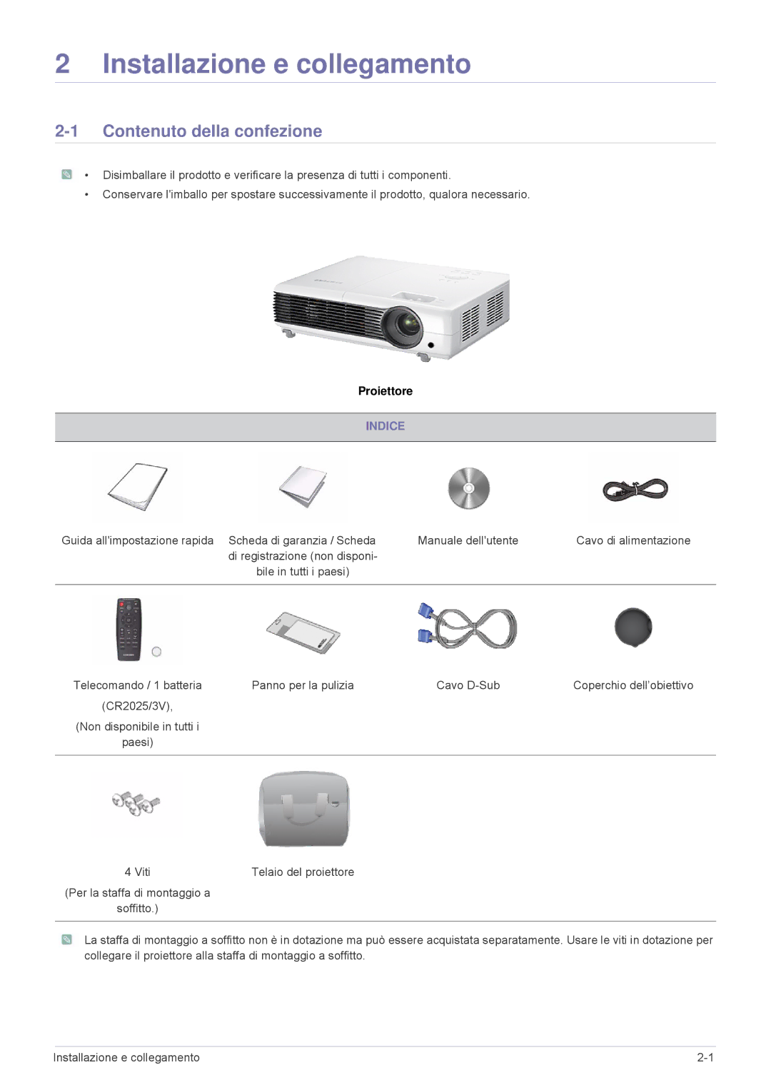 Samsung SP2203WWX/EN manual Contenuto della confezione, Indice, Panno per la pulizia Cavo D-Sub Coperchio dell’obiettivo 