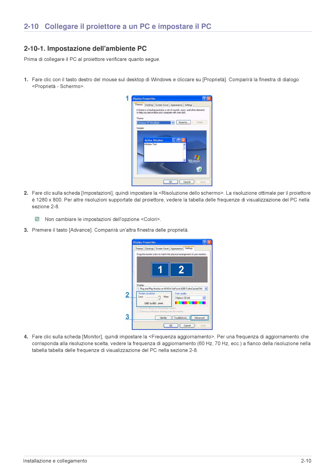 Samsung SP2503WWX/EN, SP2203WWX/EN manual Collegare il proiettore a un PC e impostare il PC, Impostazione dellambiente PC 