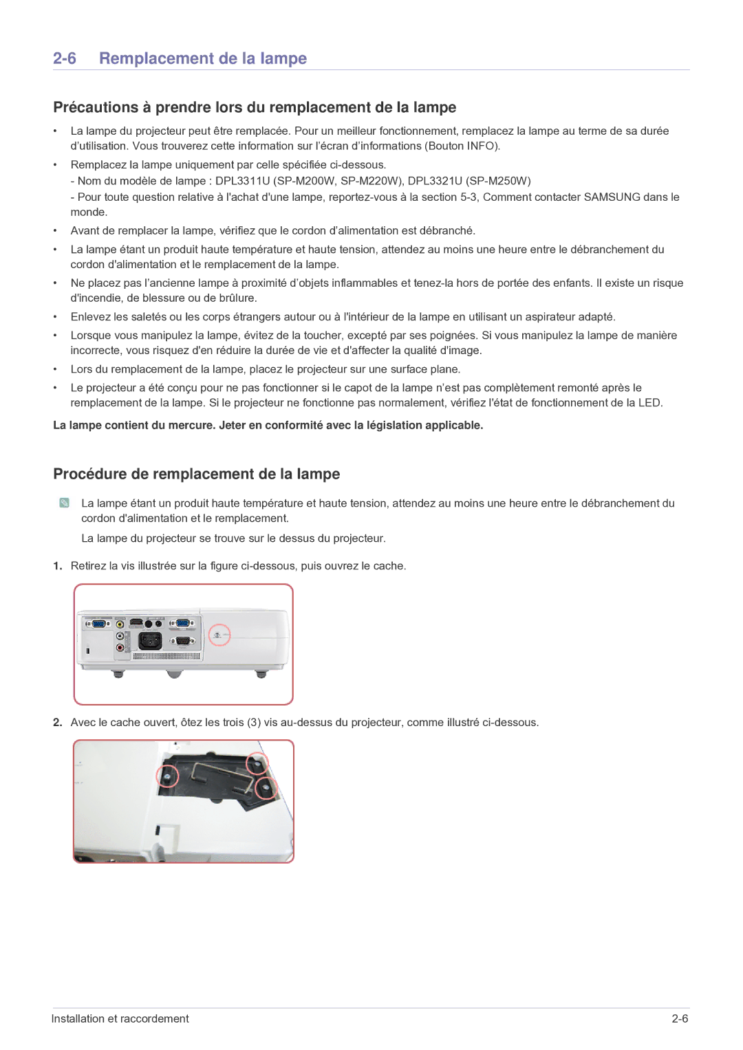 Samsung SP2503WWX/EN manual Remplacement de la lampe, Précautions à prendre lors du remplacement de la lampe 