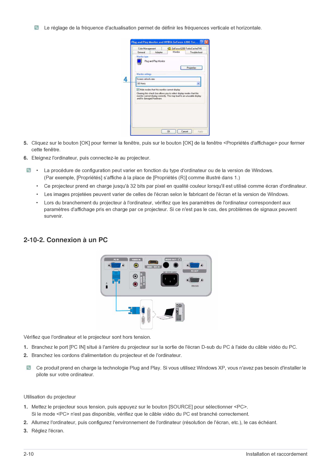 Samsung SP2503WWX/EN manual Connexion à un PC 