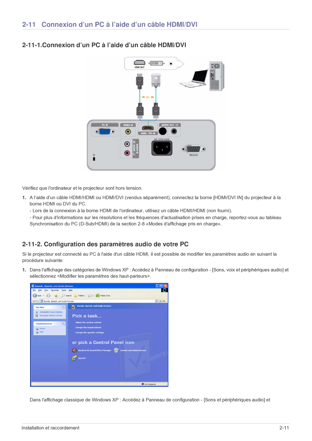 Samsung SP2503WWX/EN manual Connexion d’un PC à l’aide d’un câble HDMI/DVI, Configuration des paramètres audio de votre PC 