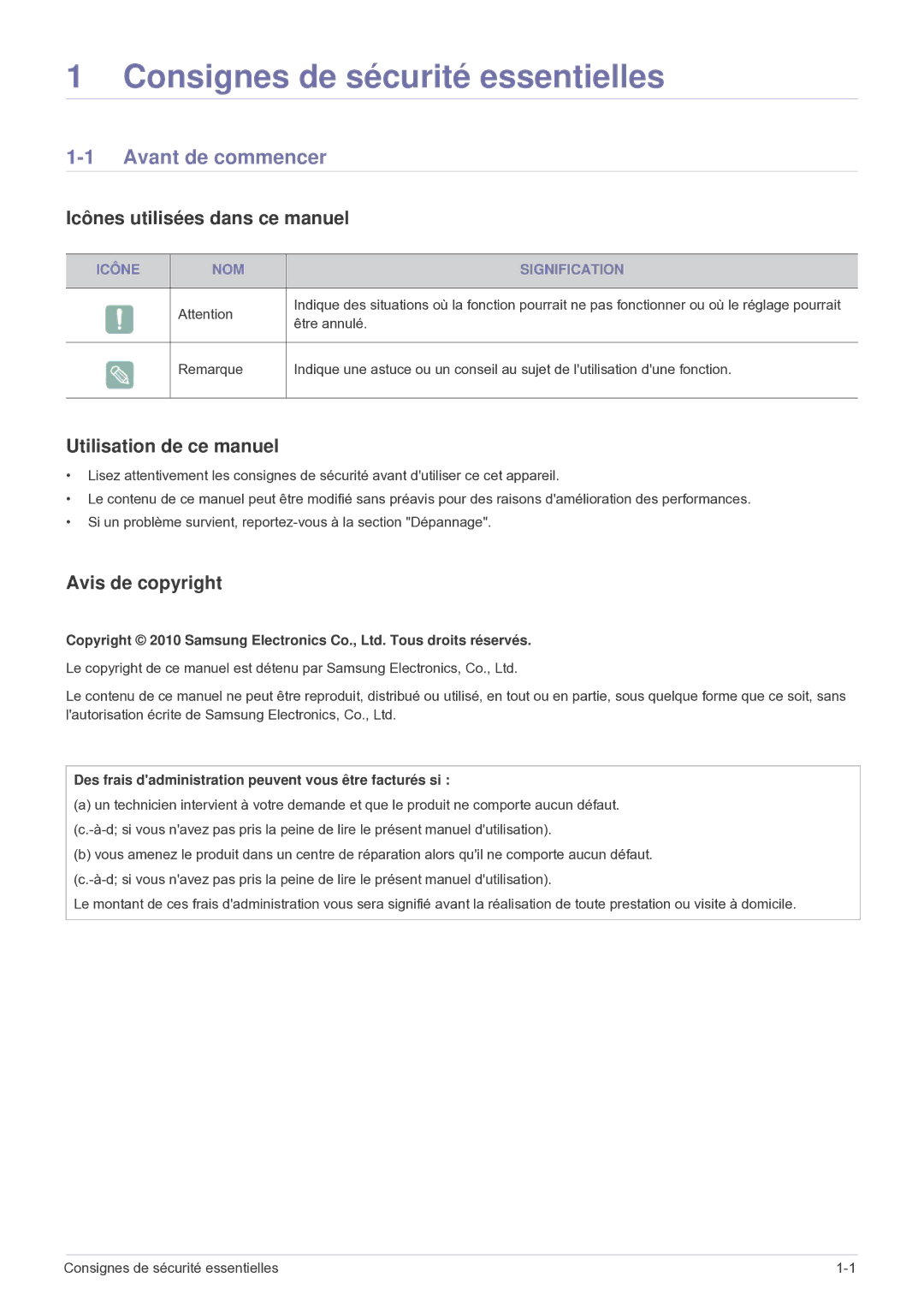 Samsung SP2503WWX/EN Avant de commencer, Icônes utilisées dans ce manuel, Utilisation de ce manuel, Avis de copyright 