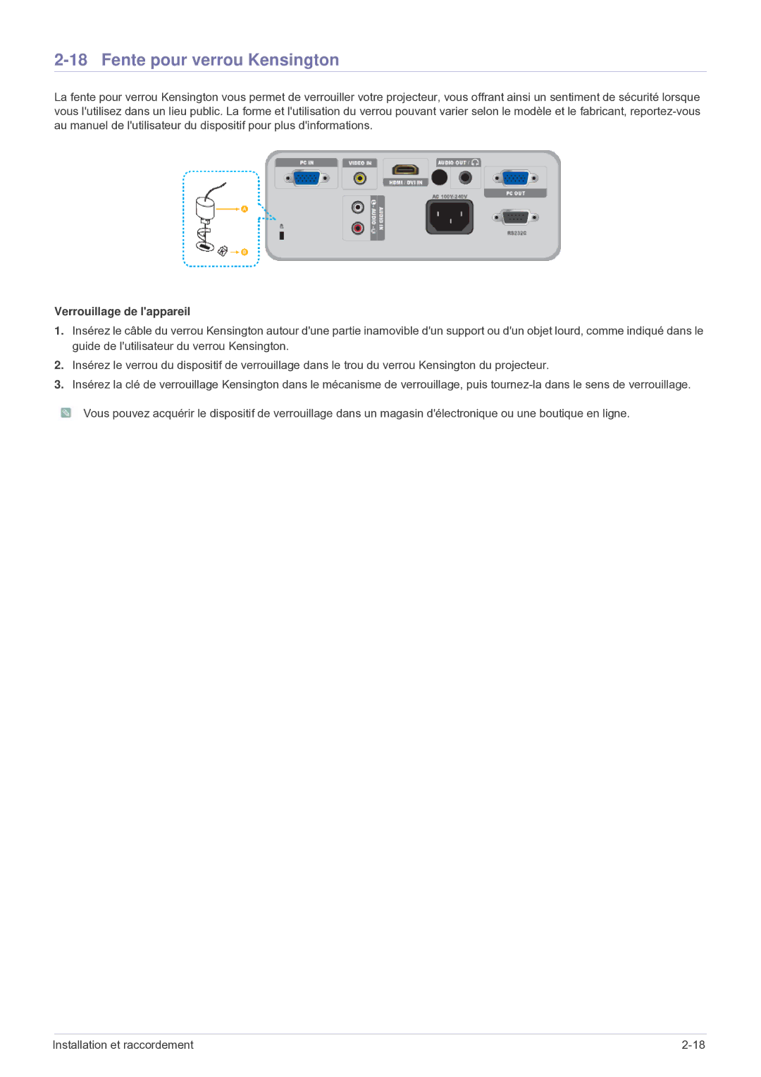 Samsung SP2503WWX/EN manual Fente pour verrou Kensington, Verrouillage de lappareil 