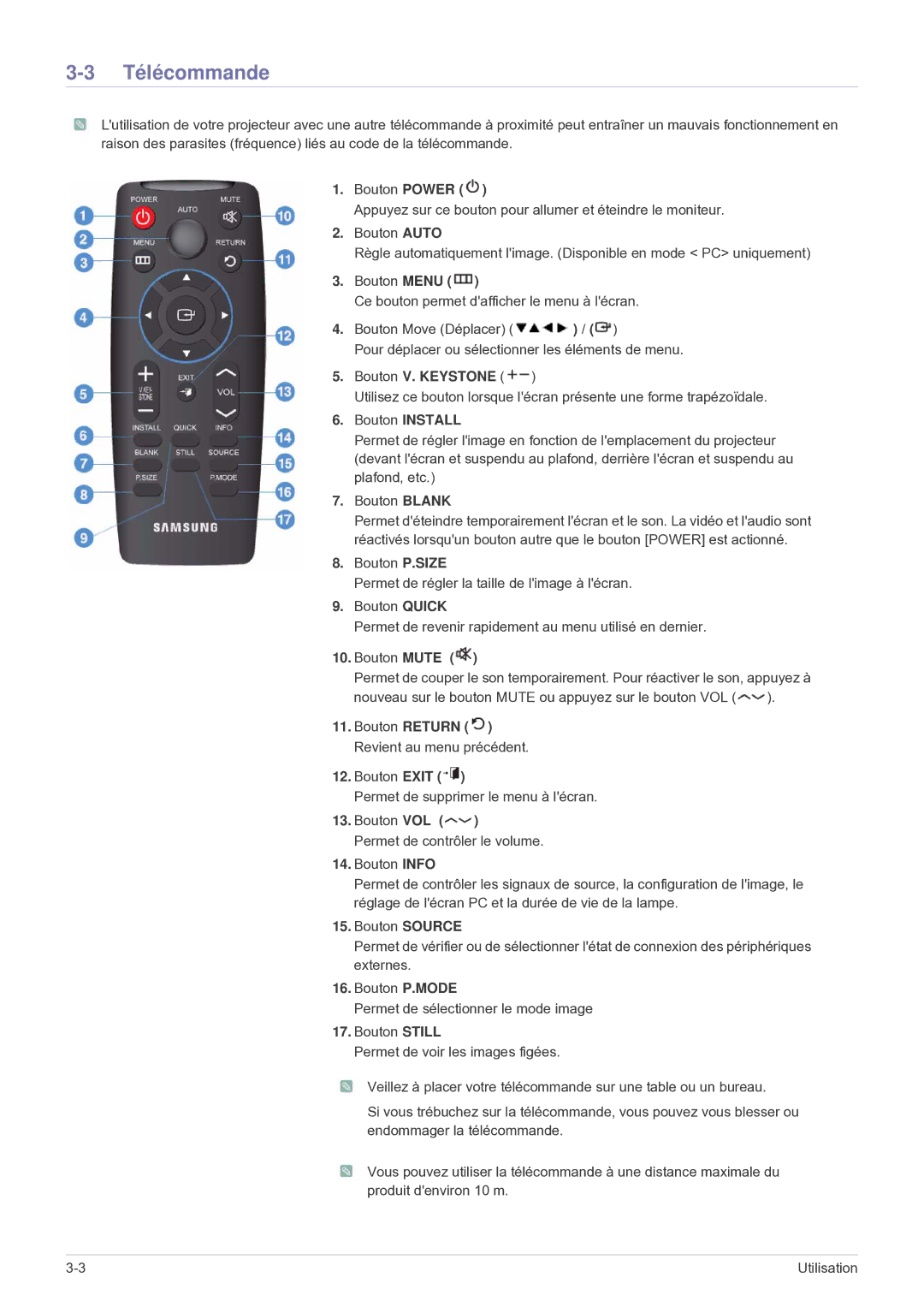 Samsung SP2503WWX/EN manual Télécommande, Bouton Power, Bouton V. Keystone 