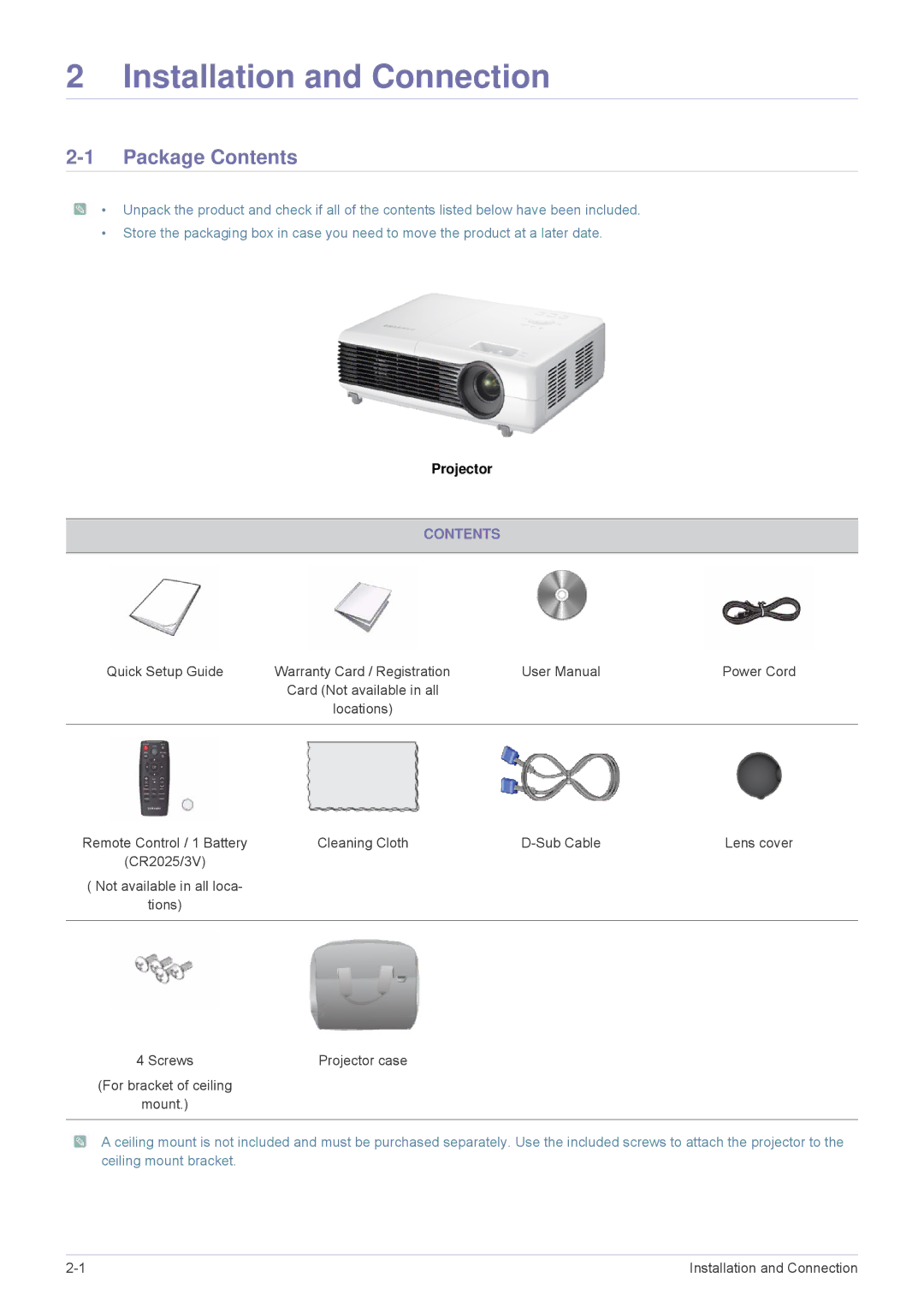 Samsung SP2503XWCX/EN, SP2203XWCX/EN, SP2503XWCX/XV, SP2203XWCX/XV manual Installation and Connection, Package Contents 