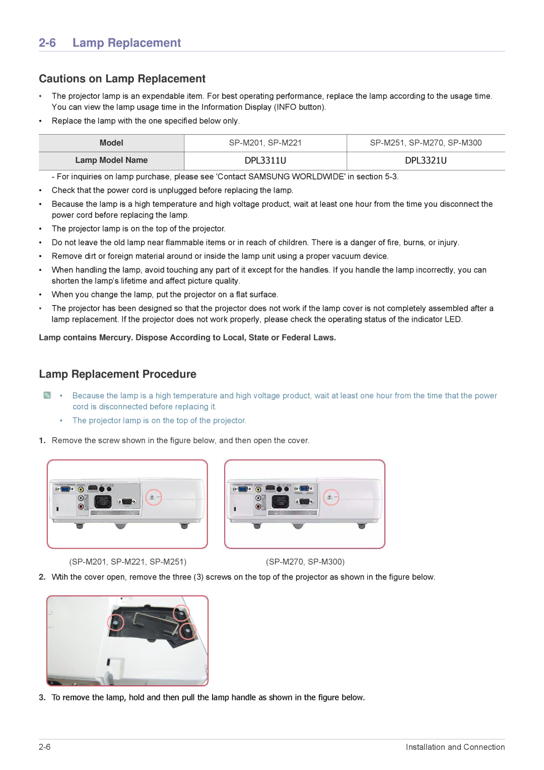 Samsung SP2203XWCX/EN, SP2503XWCX/EN, SP2503XWCX/XV, SP2203XWCX/XV, SP3003XWX/XY manual Lamp Replacement Procedure 