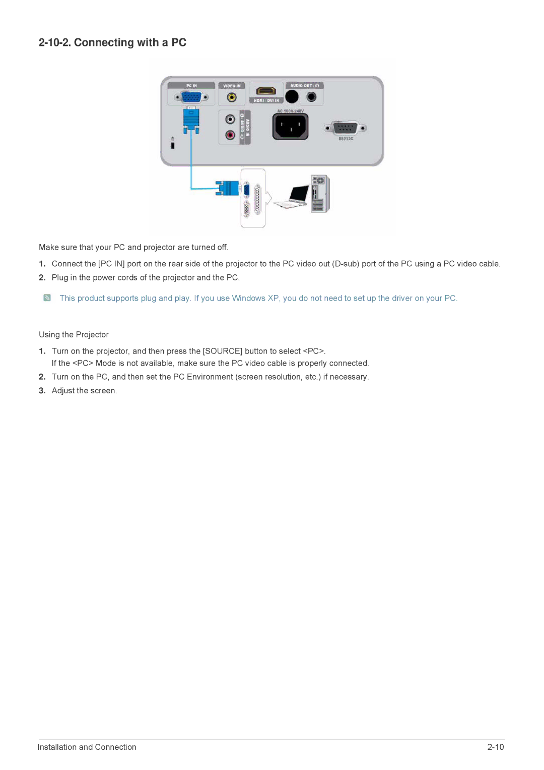 Samsung SP2503XWCX/XV, SP2503XWCX/EN, SP2203XWCX/EN, SP2203XWCX/XV, SP3003XWX/XY manual Connecting with a PC 