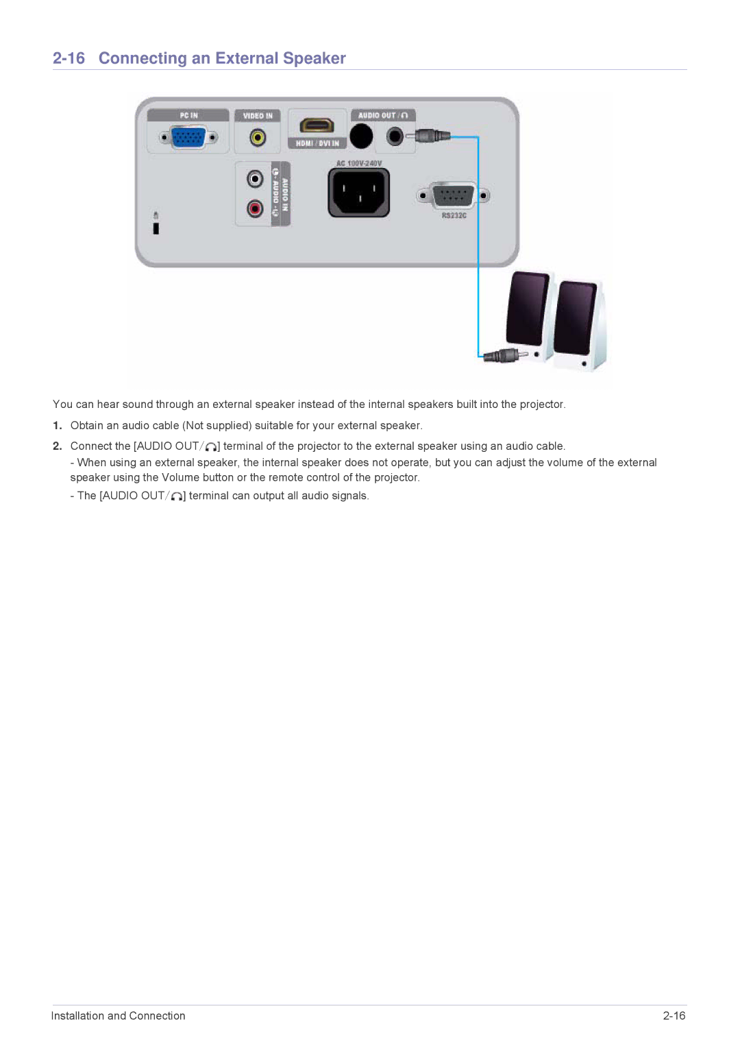 Samsung SP2503XWCX/EN, SP2203XWCX/EN, SP2503XWCX/XV, SP2203XWCX/XV, SP3003XWX/XY manual Connecting an External Speaker 