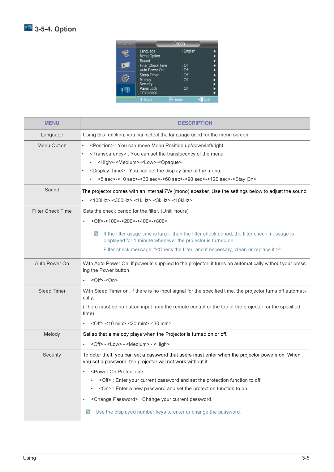 Samsung SP2503XWCX/XV, SP2503XWCX/EN, SP2203XWCX/EN, SP2203XWCX/XV, SP3003XWX/XY manual Option 