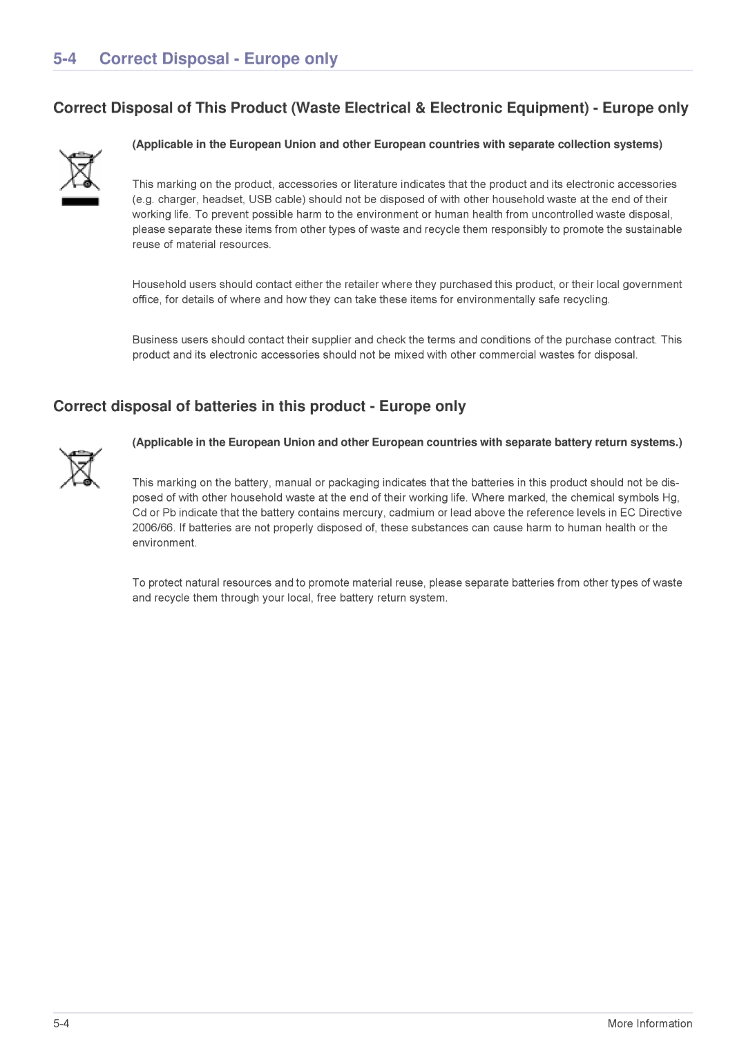 Samsung SP2203XWCX/EN manual Correct Disposal Europe only, Correct disposal of batteries in this product Europe only 