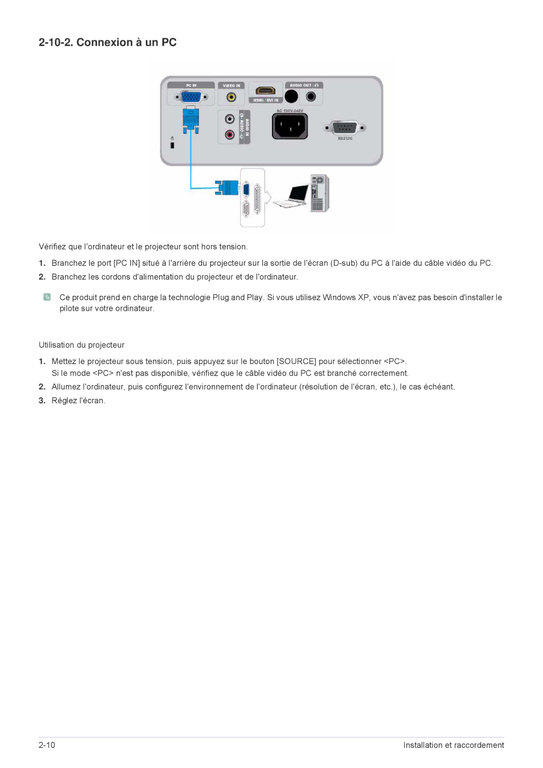 Samsung SP2503XWCX/EN, SP2203XWCX/EN manual Connexion à un PC 