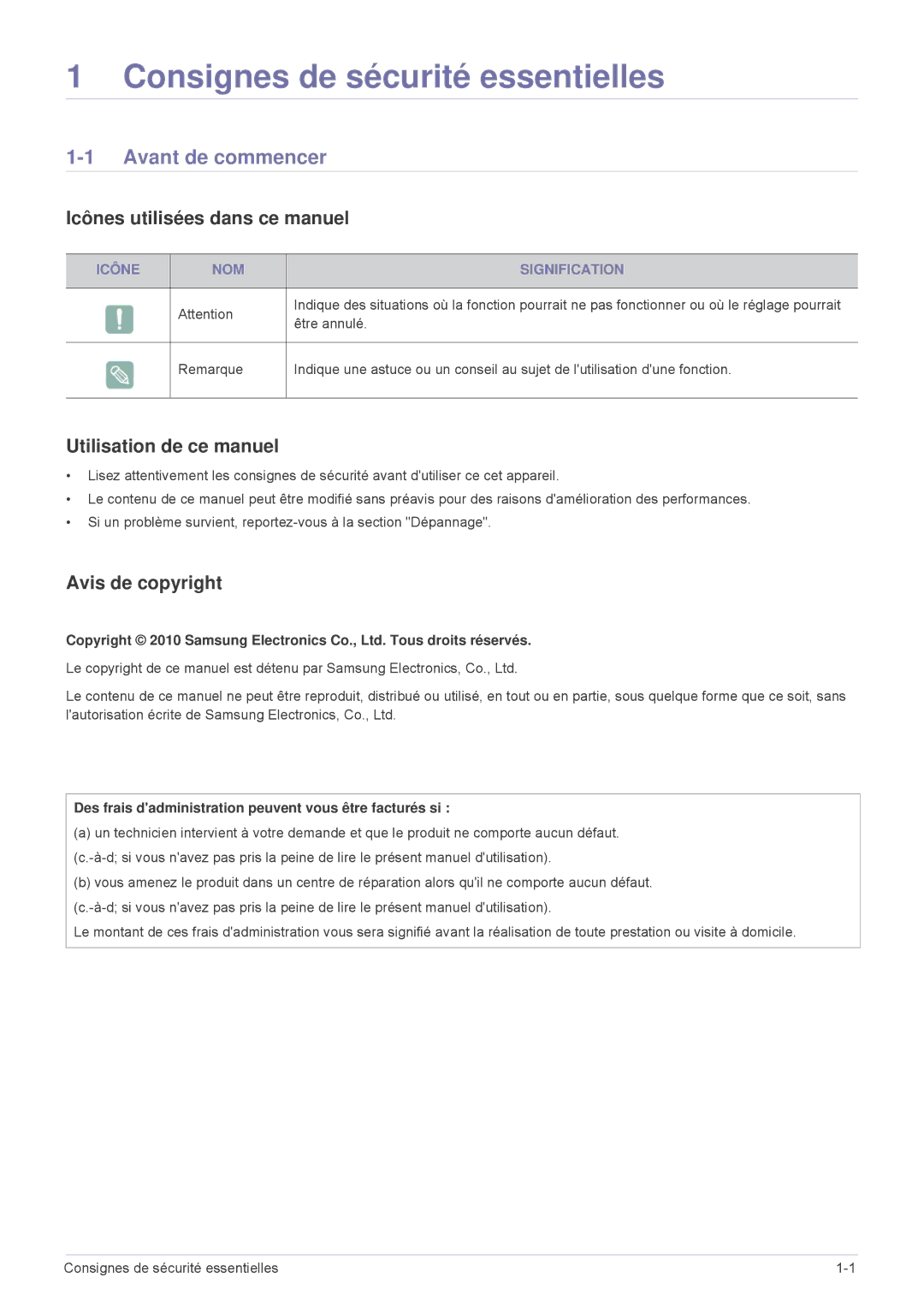 Samsung SP2203XWCX/EN Avant de commencer, Icônes utilisées dans ce manuel, Utilisation de ce manuel, Avis de copyright 