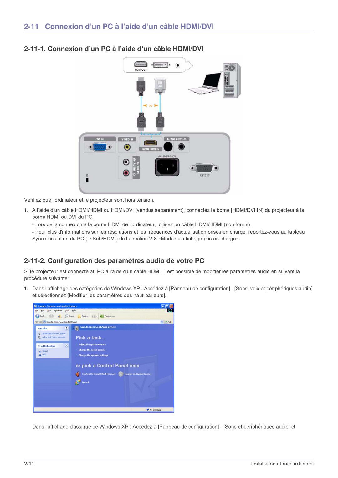 Samsung SP2503XWCX/EN manual Connexion d’un PC à l’aide d’un câble HDMI/DVI, Configuration des paramètres audio de votre PC 