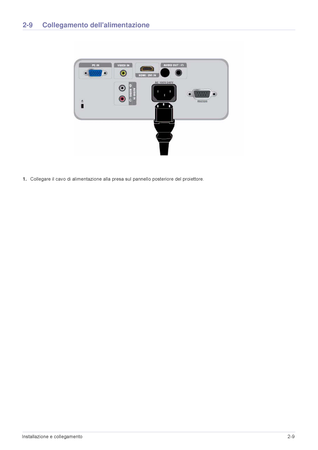 Samsung SP2203XWCX/EN, SP2503XWCX/EN manual Collegamento dellalimentazione 