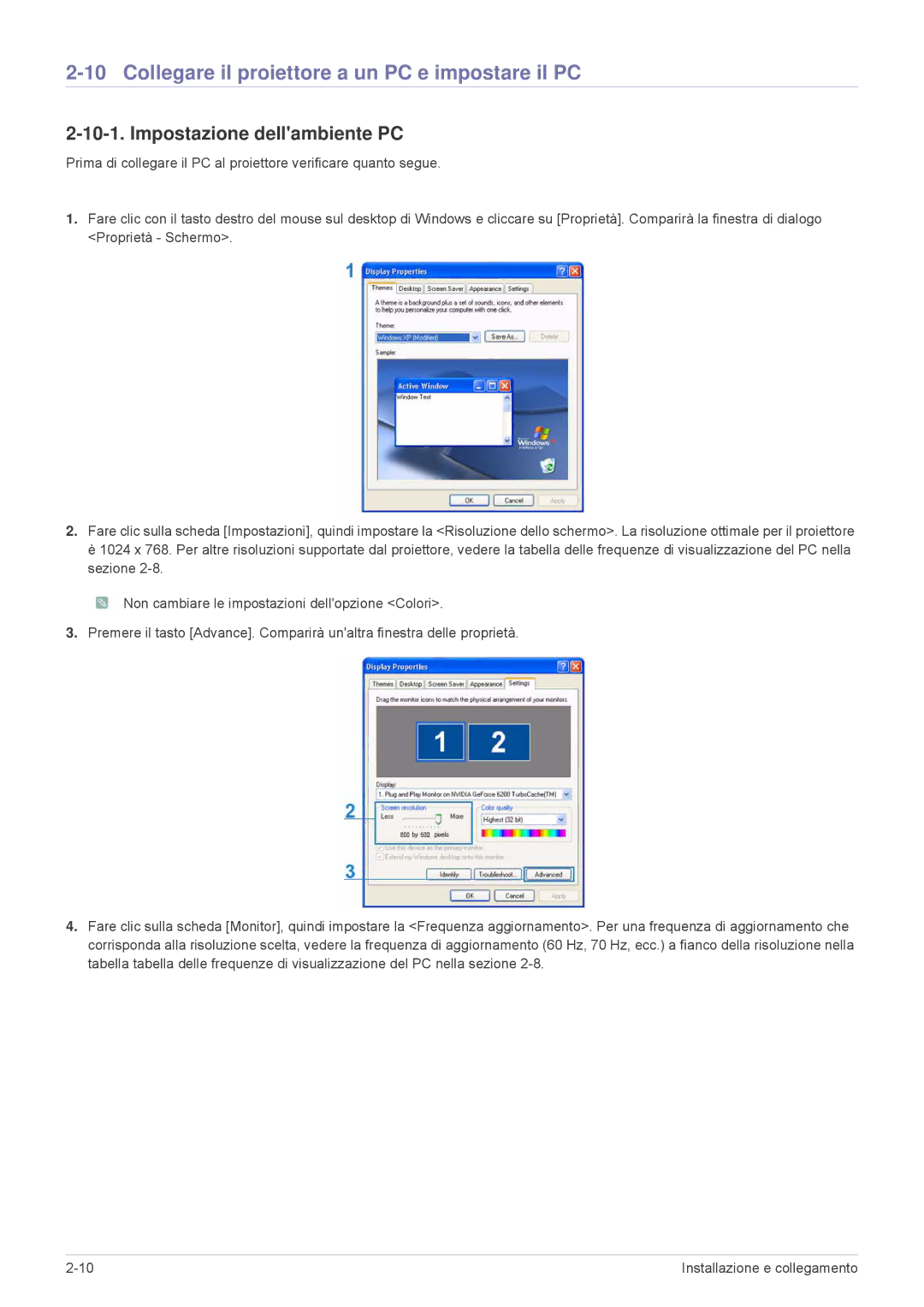 Samsung SP2503XWCX/EN, SP2203XWCX/EN manual Collegare il proiettore a un PC e impostare il PC, Impostazione dellambiente PC 