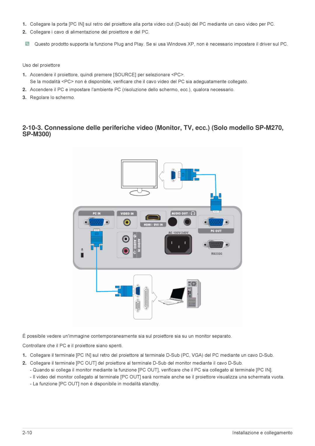 Samsung SP2503XWCX/EN, SP2203XWCX/EN manual Installazione e collegamento 