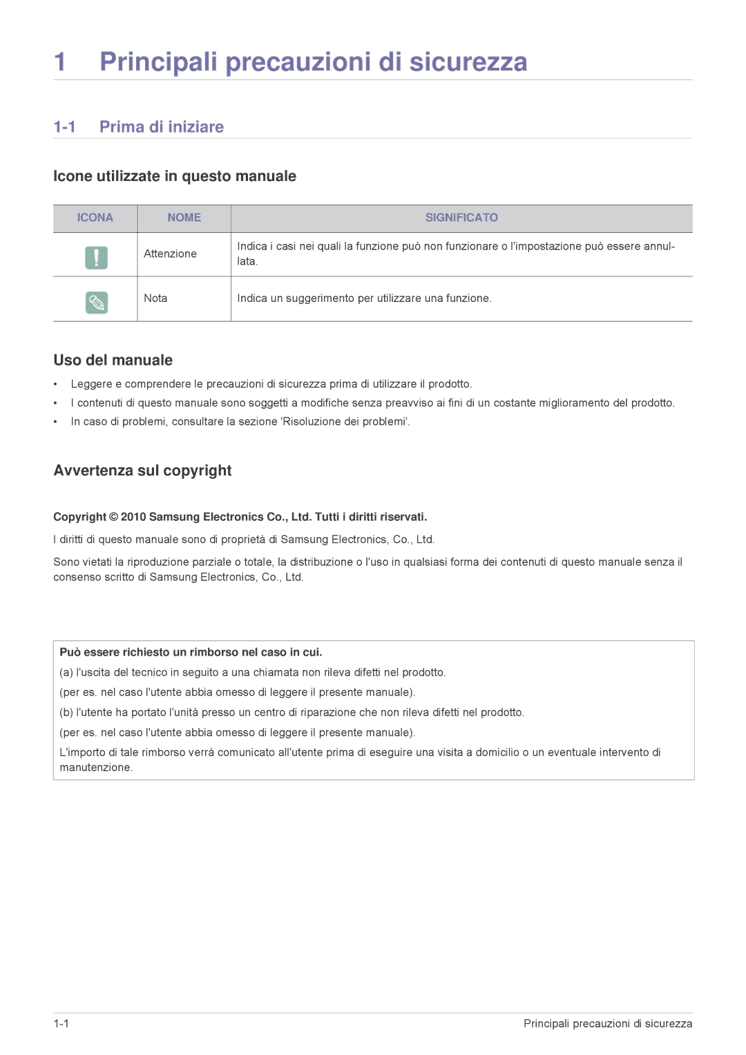 Samsung SP2203XWCX/EN Prima di iniziare, Icone utilizzate in questo manuale, Uso del manuale, Avvertenza sul copyright 