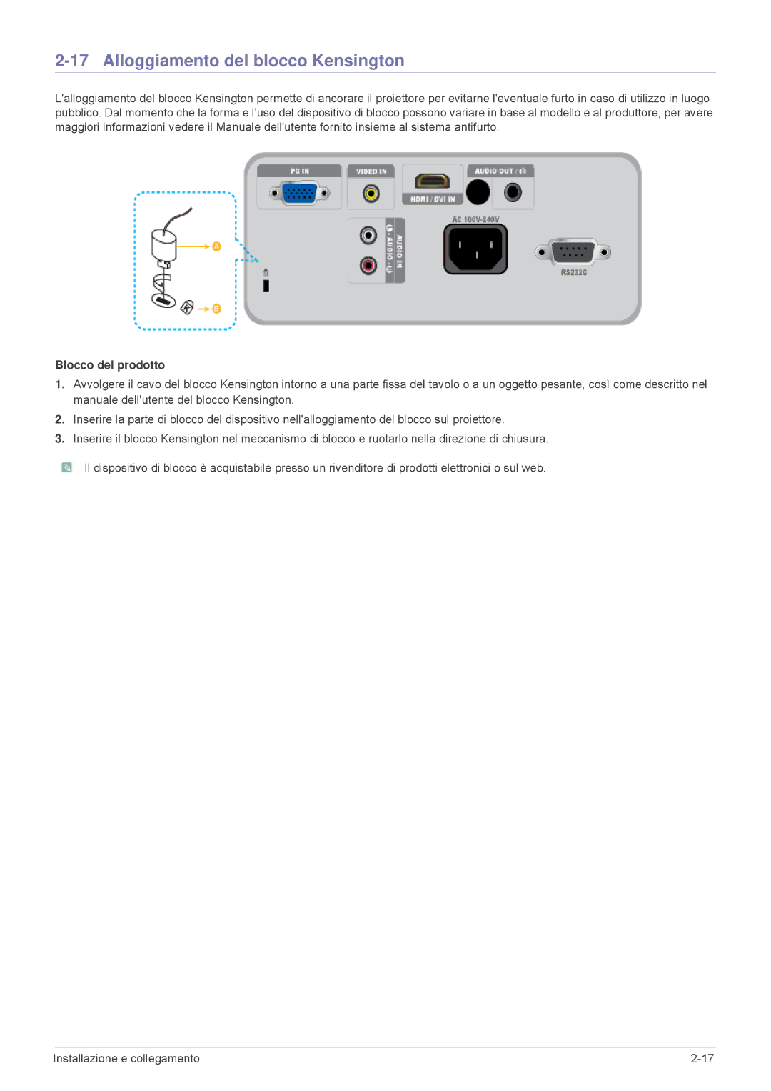 Samsung SP2503XWCX/EN, SP2203XWCX/EN manual Alloggiamento del blocco Kensington, Blocco del prodotto 