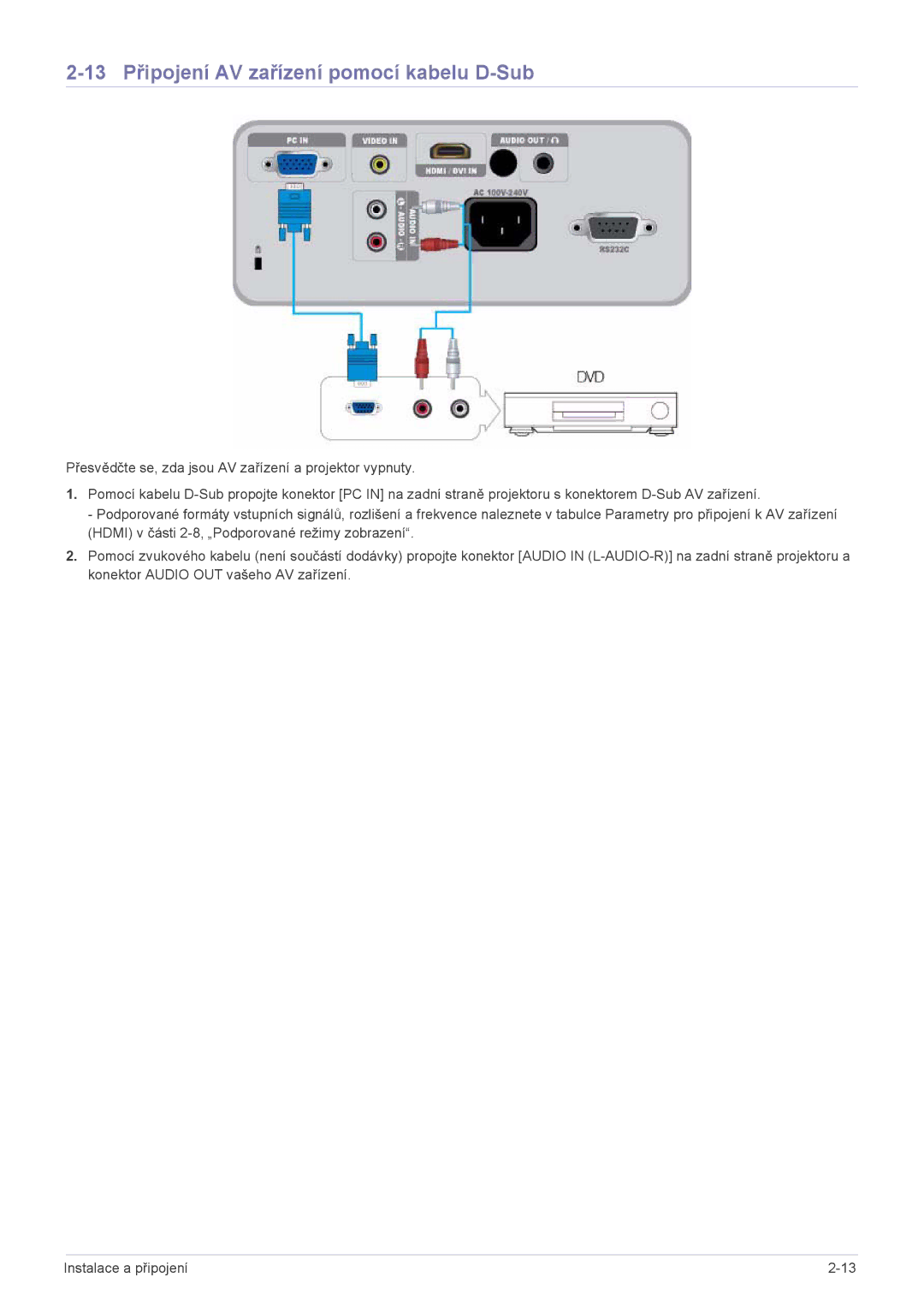 Samsung SP2503XWCX/EN, SP2203XWCX/EN manual 13 Připojení AV zařízení pomocí kabelu D-Sub 