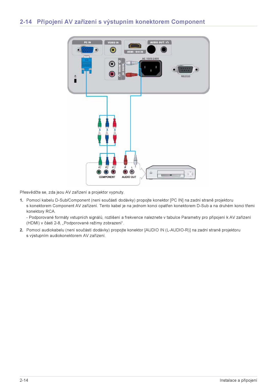 Samsung SP2203XWCX/EN, SP2503XWCX/EN manual 14 Připojení AV zařízení s výstupním konektorem Component 