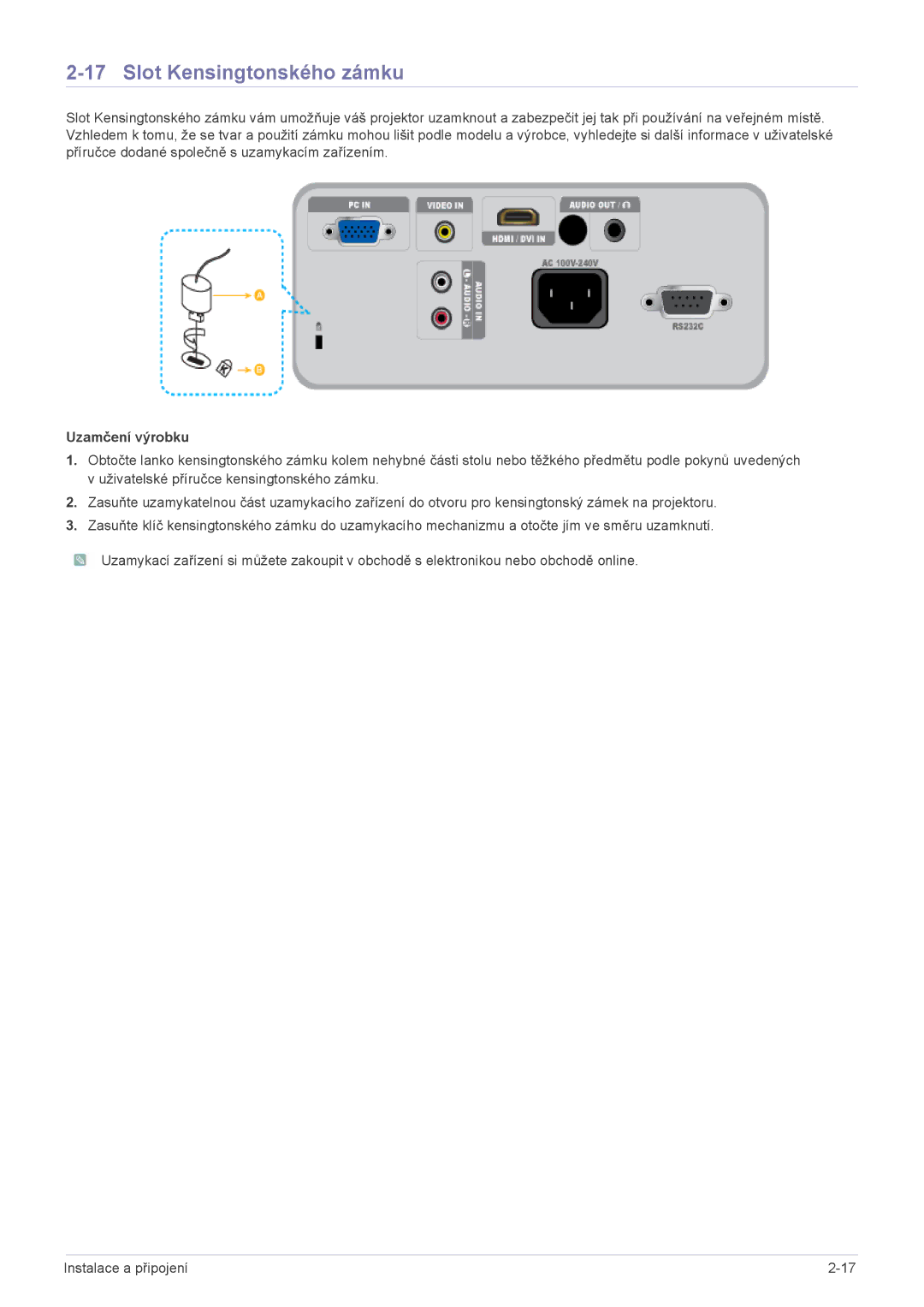 Samsung SP2503XWCX/EN, SP2203XWCX/EN manual Slot Kensingtonského zámku, Uzamčení výrobku 