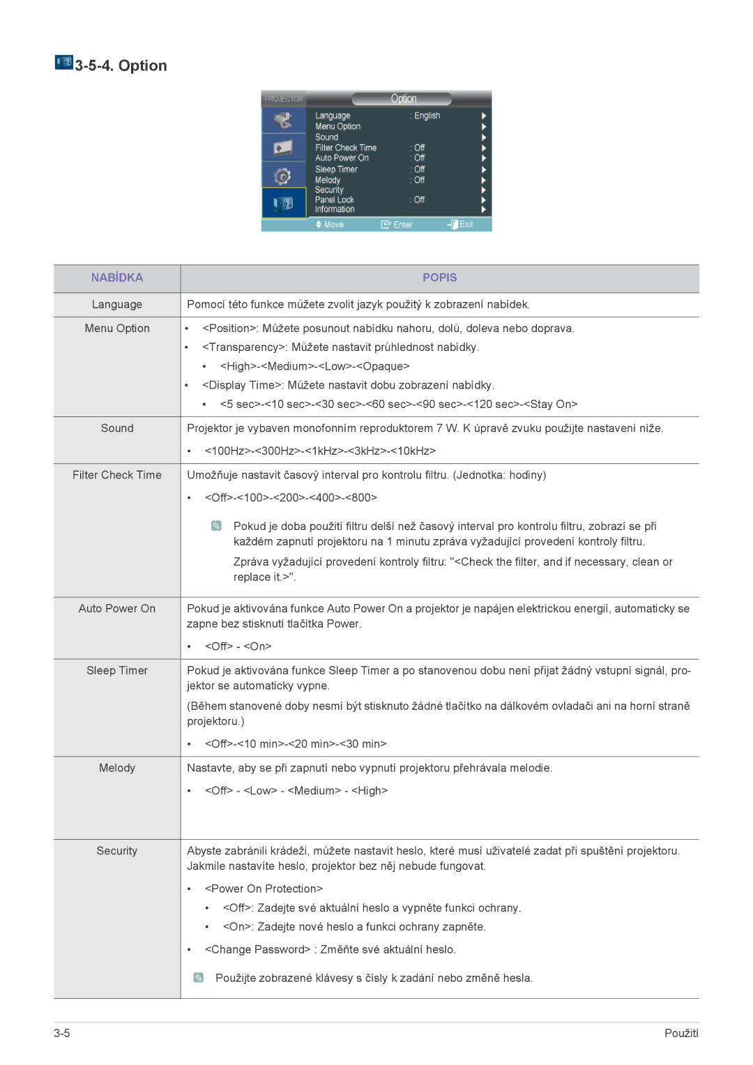 Samsung SP2203XWCX/EN, SP2503XWCX/EN manual Option, Jektor se automaticky vypne 