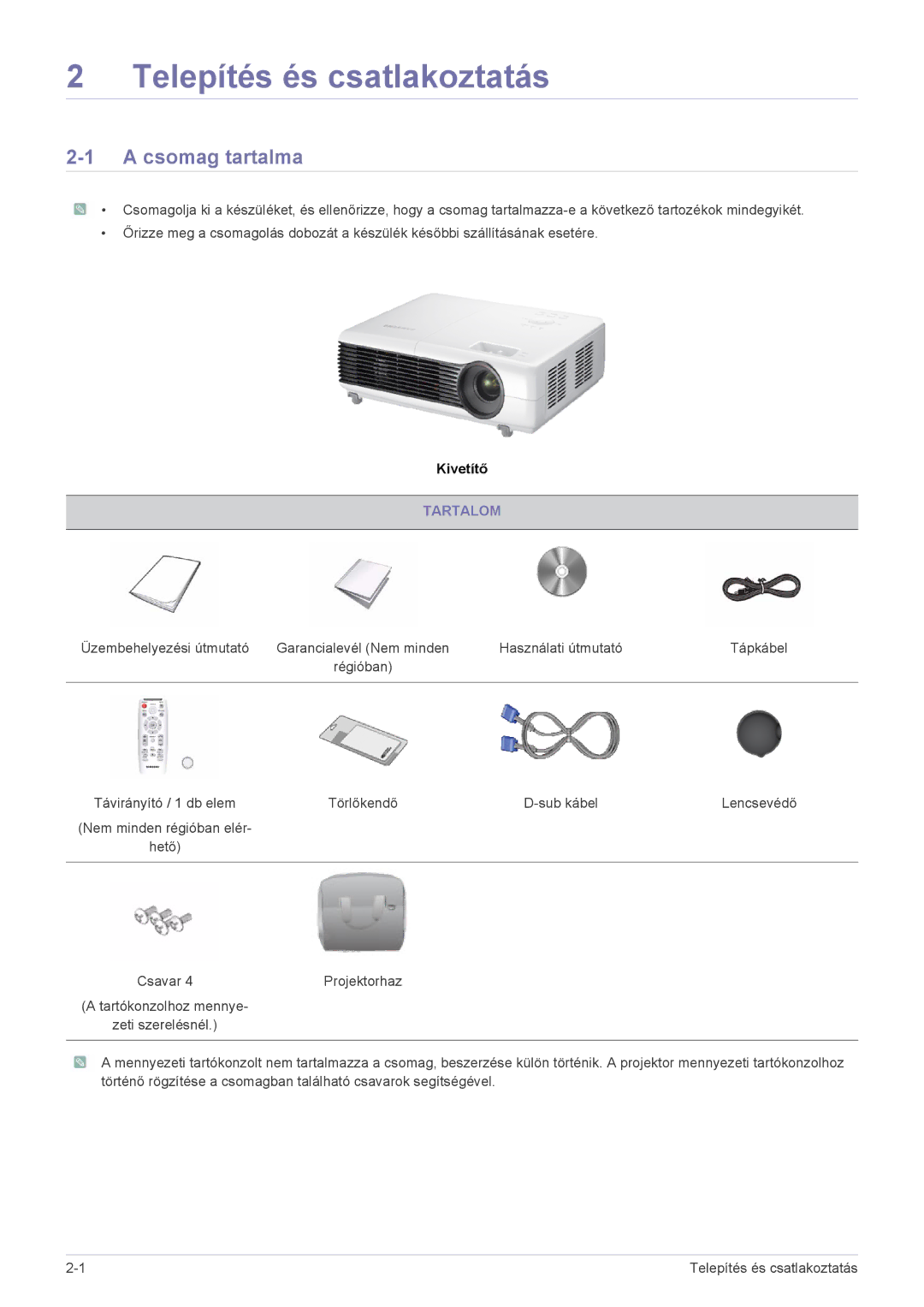 Samsung SP2503XWX/EN, SP2003XWX/EN manual Csomag tartalma, Tartalom 