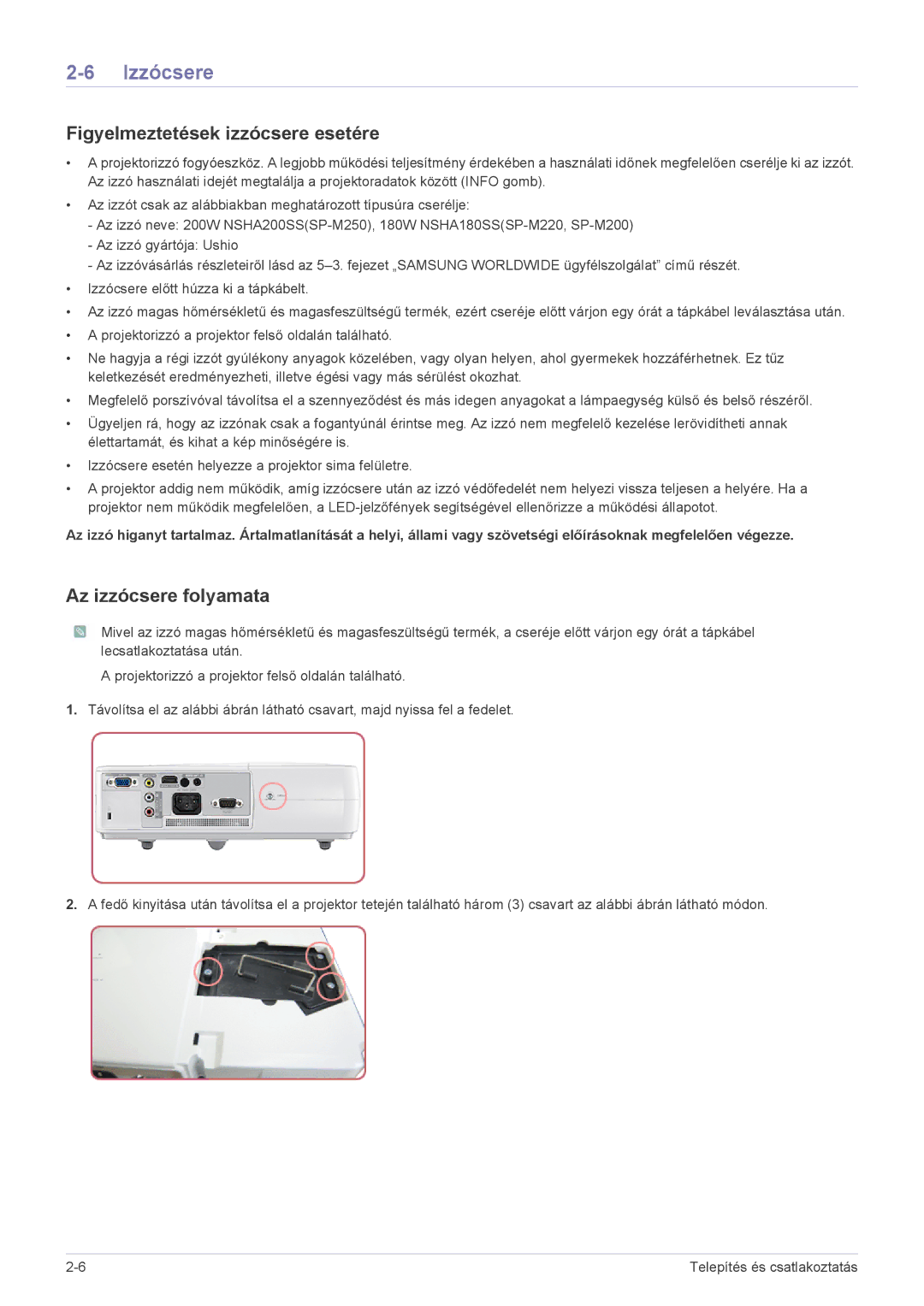 Samsung SP2503XWX/EN, SP2003XWX/EN manual Izzócsere, Figyelmeztetések izzócsere esetére, Az izzócsere folyamata 