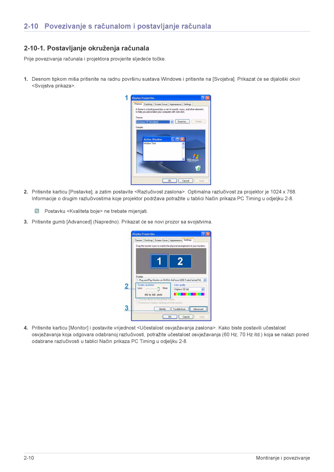 Samsung SP2503XWX/EN manual Povezivanje s računalom i postavljanje računala, Postavljanje okruženja računala 