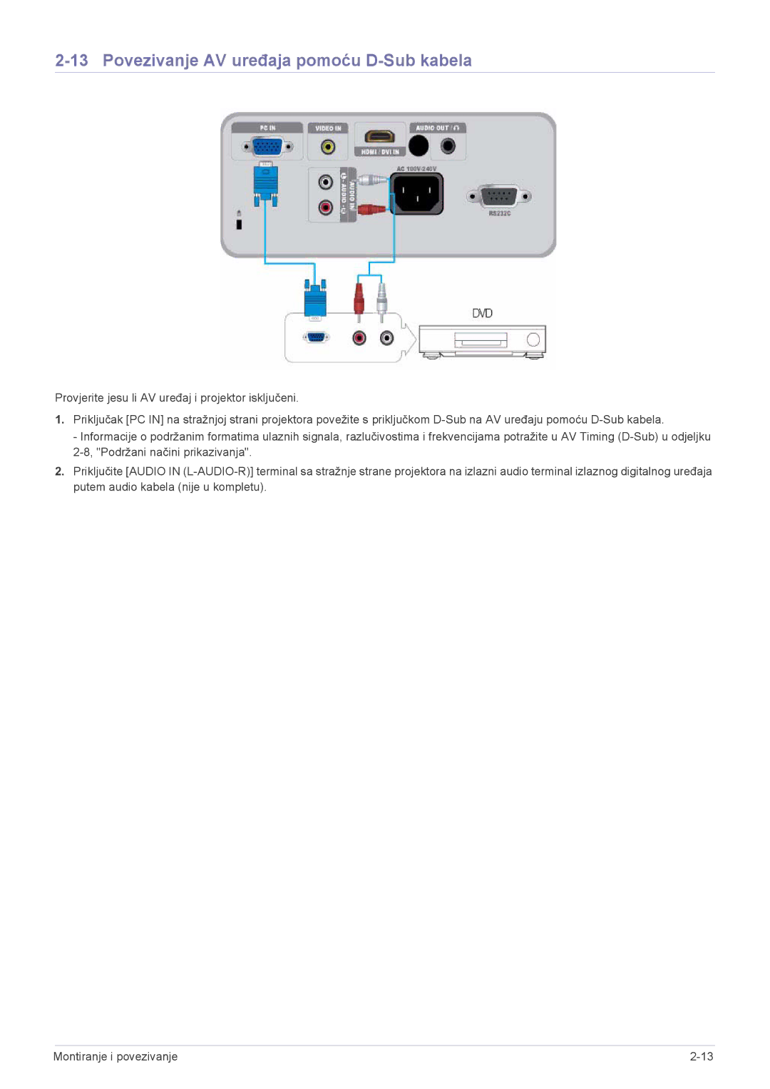 Samsung SP2503XWX/EN manual Povezivanje AV uređaja pomoću D-Sub kabela 