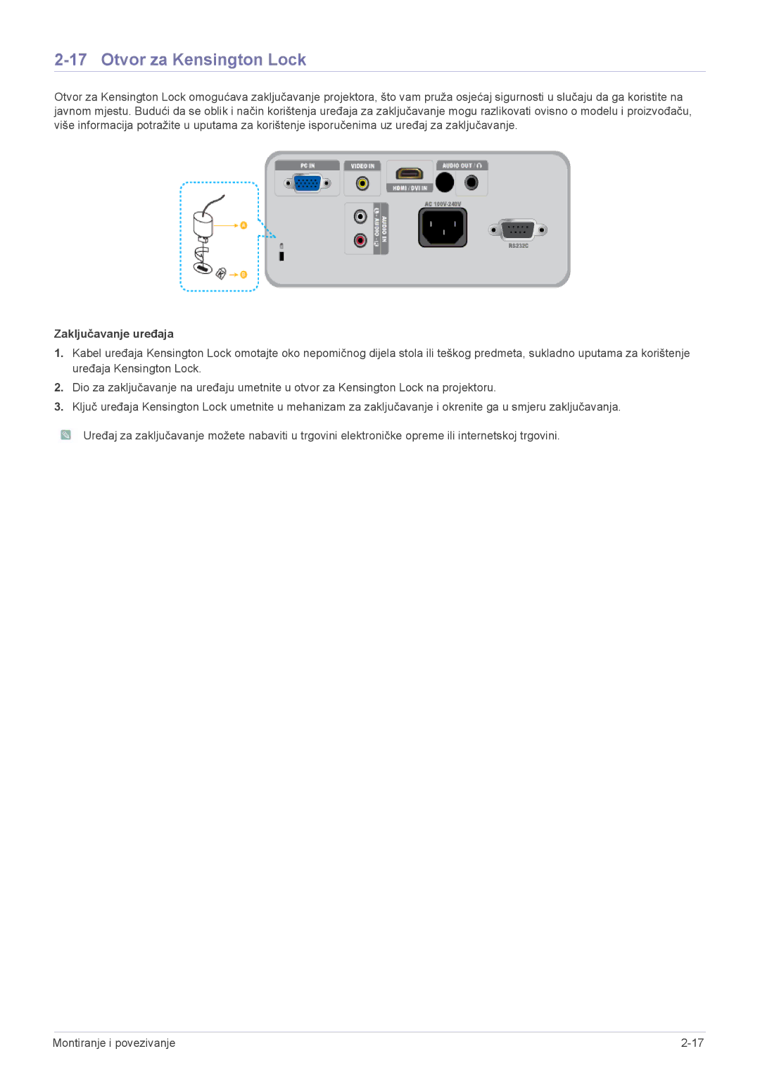 Samsung SP2503XWX/EN manual Otvor za Kensington Lock, Zaključavanje uređaja 