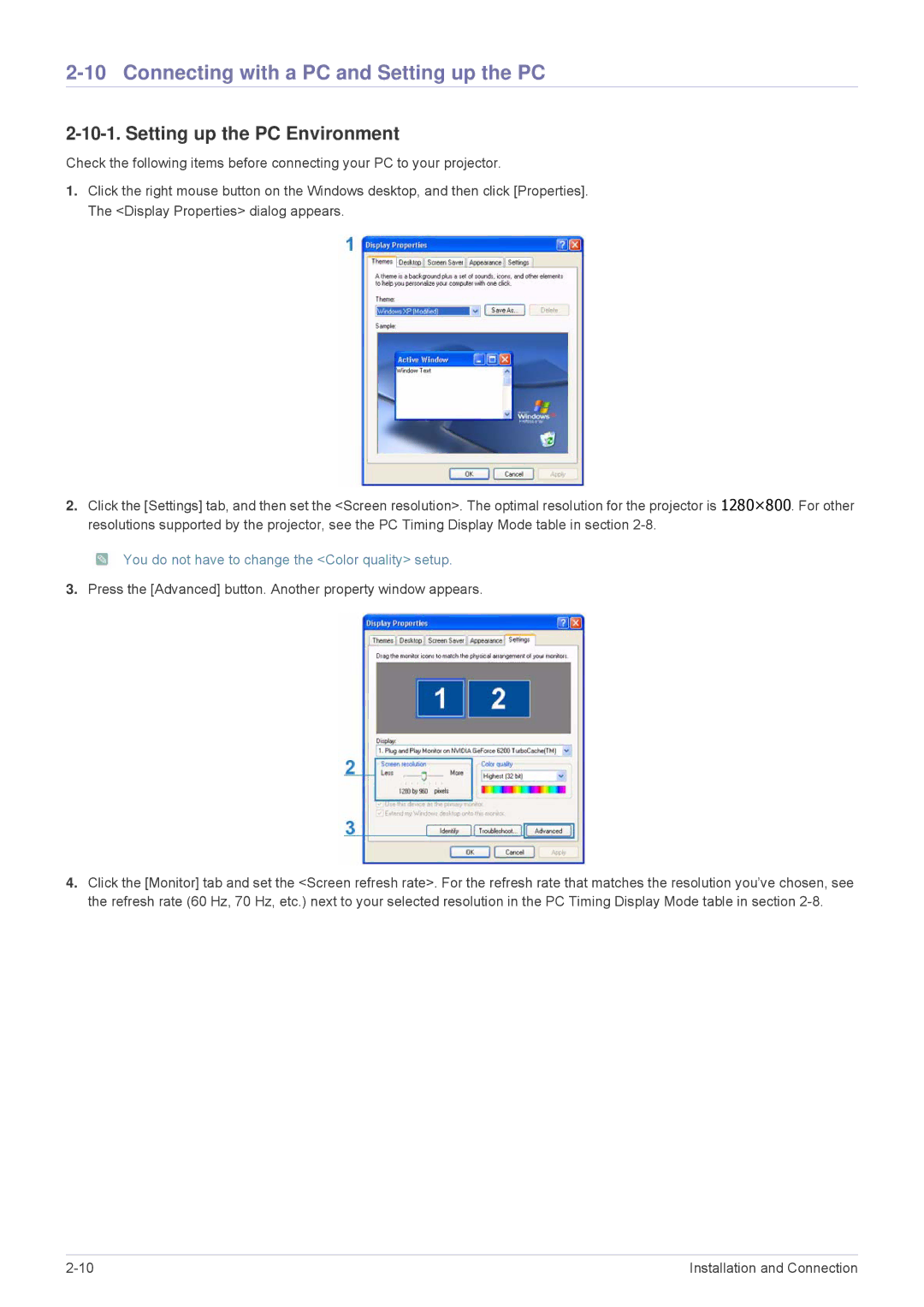 Samsung SP2553XWX/EN, SP2553WWX/EN, SP2253WWX/EN Connecting with a PC and Setting up the PC, Setting up the PC Environment 